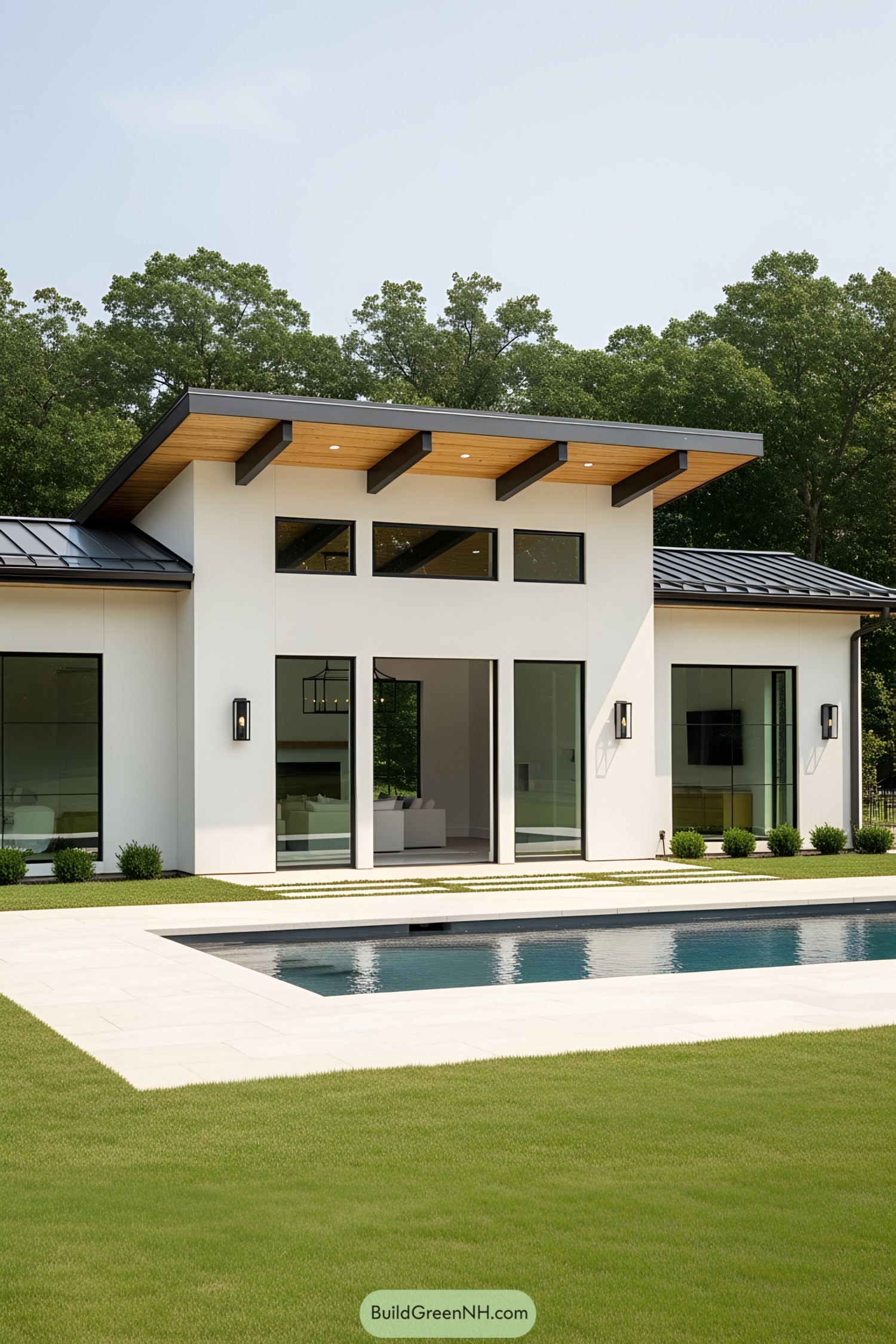 Contemporary pool house with large glass windows