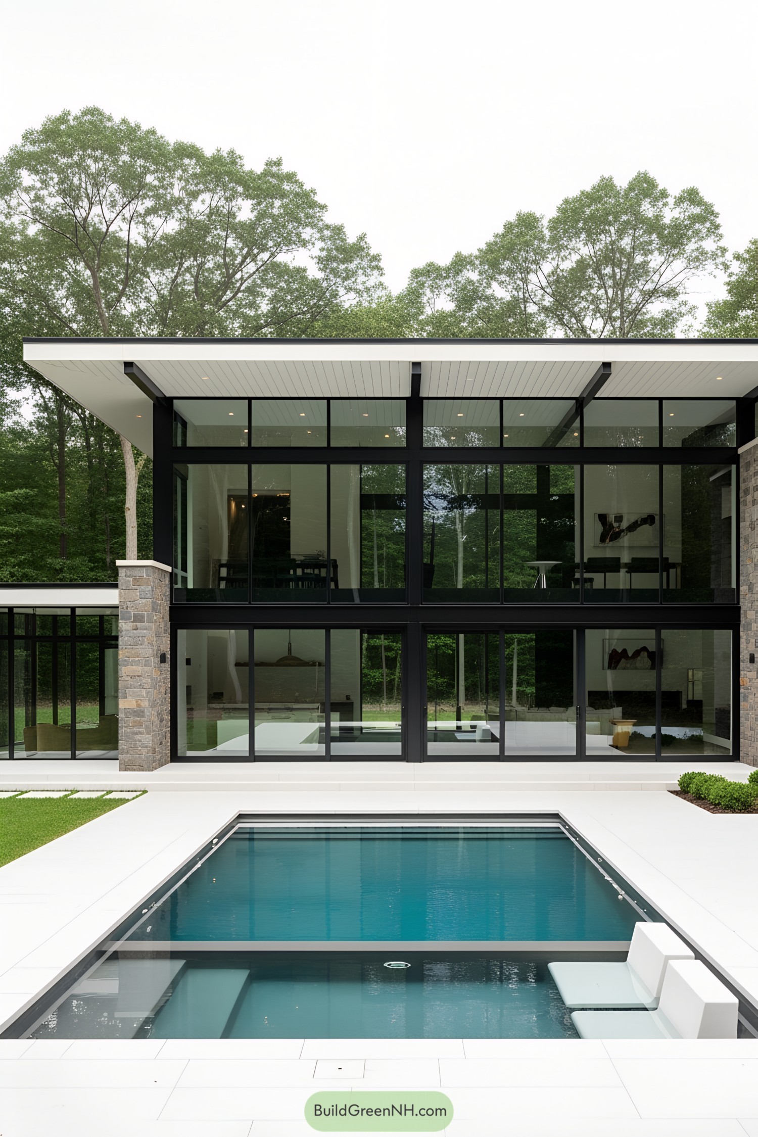 Modern pool house with expansive glass windows