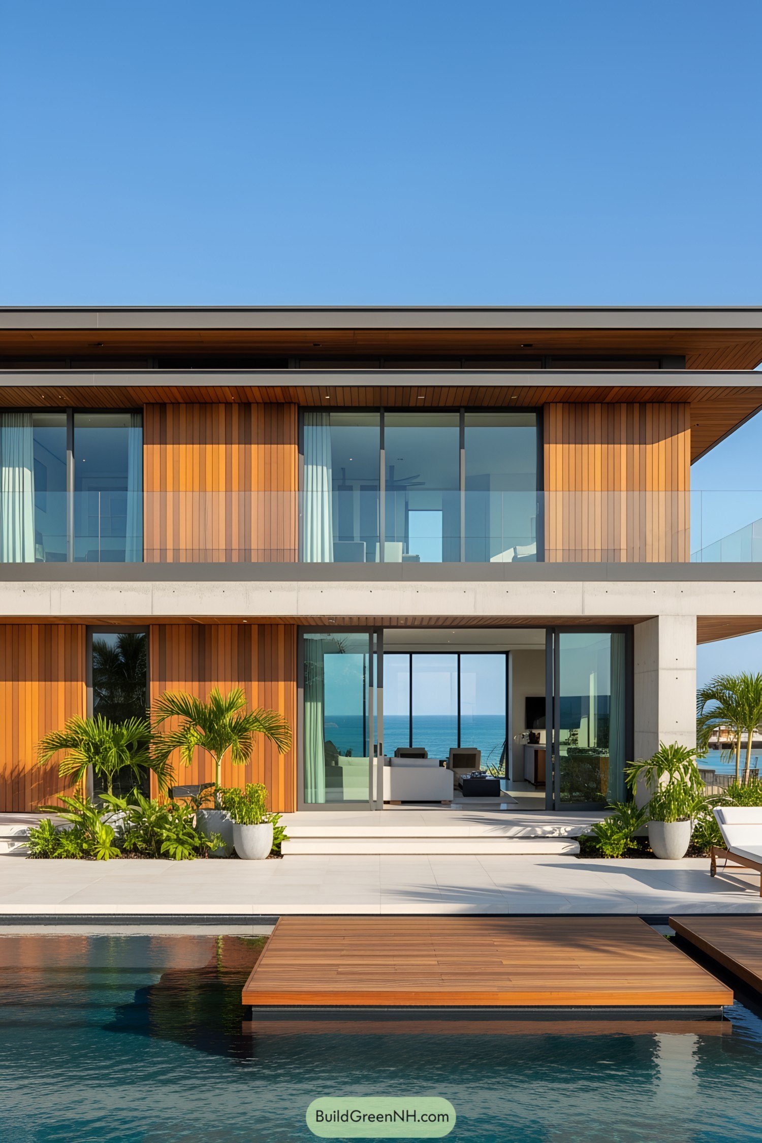 Modern poolside house with wooden accents and tropical plants