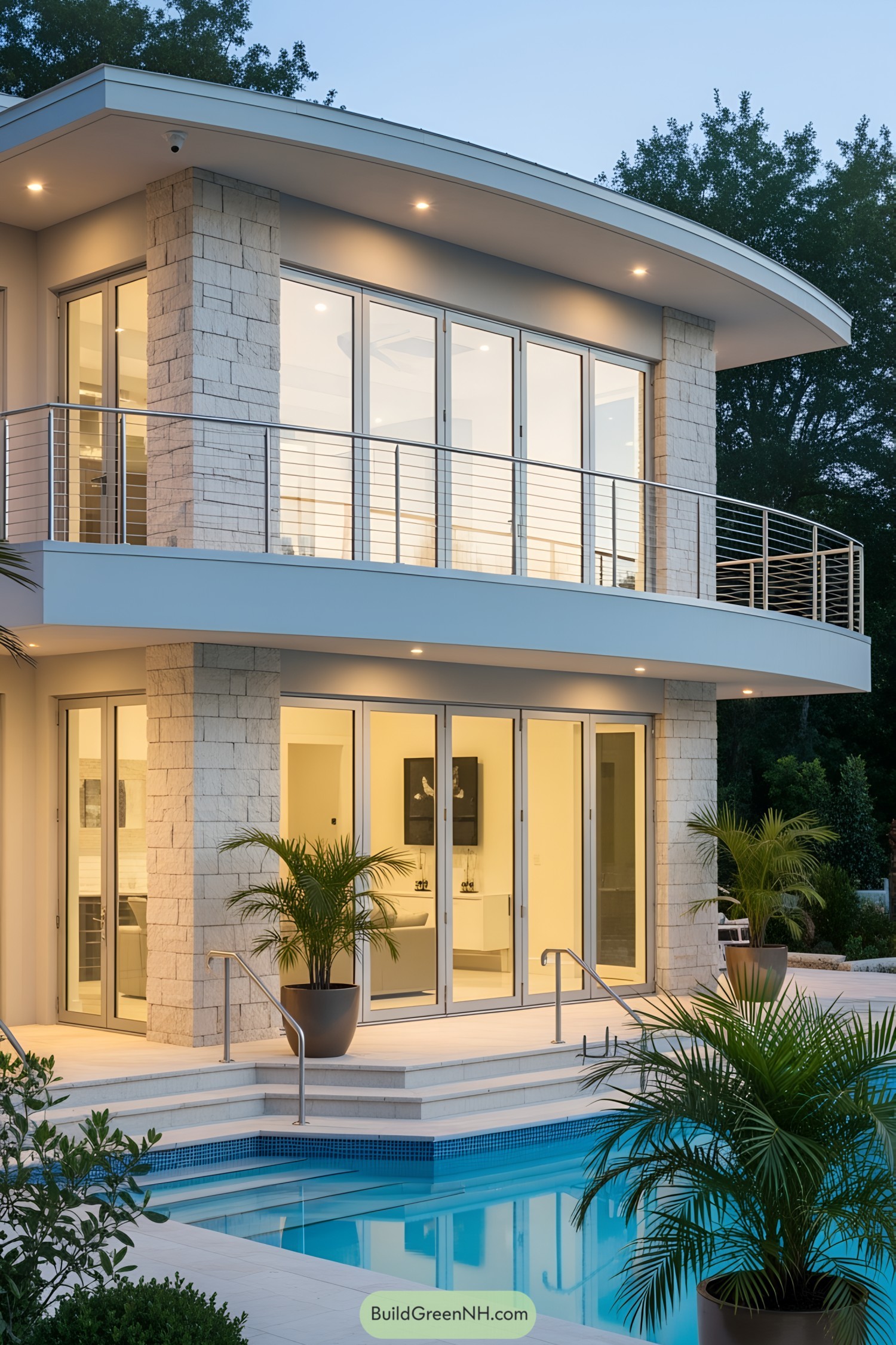 Modern pool house with large windows and a terrace