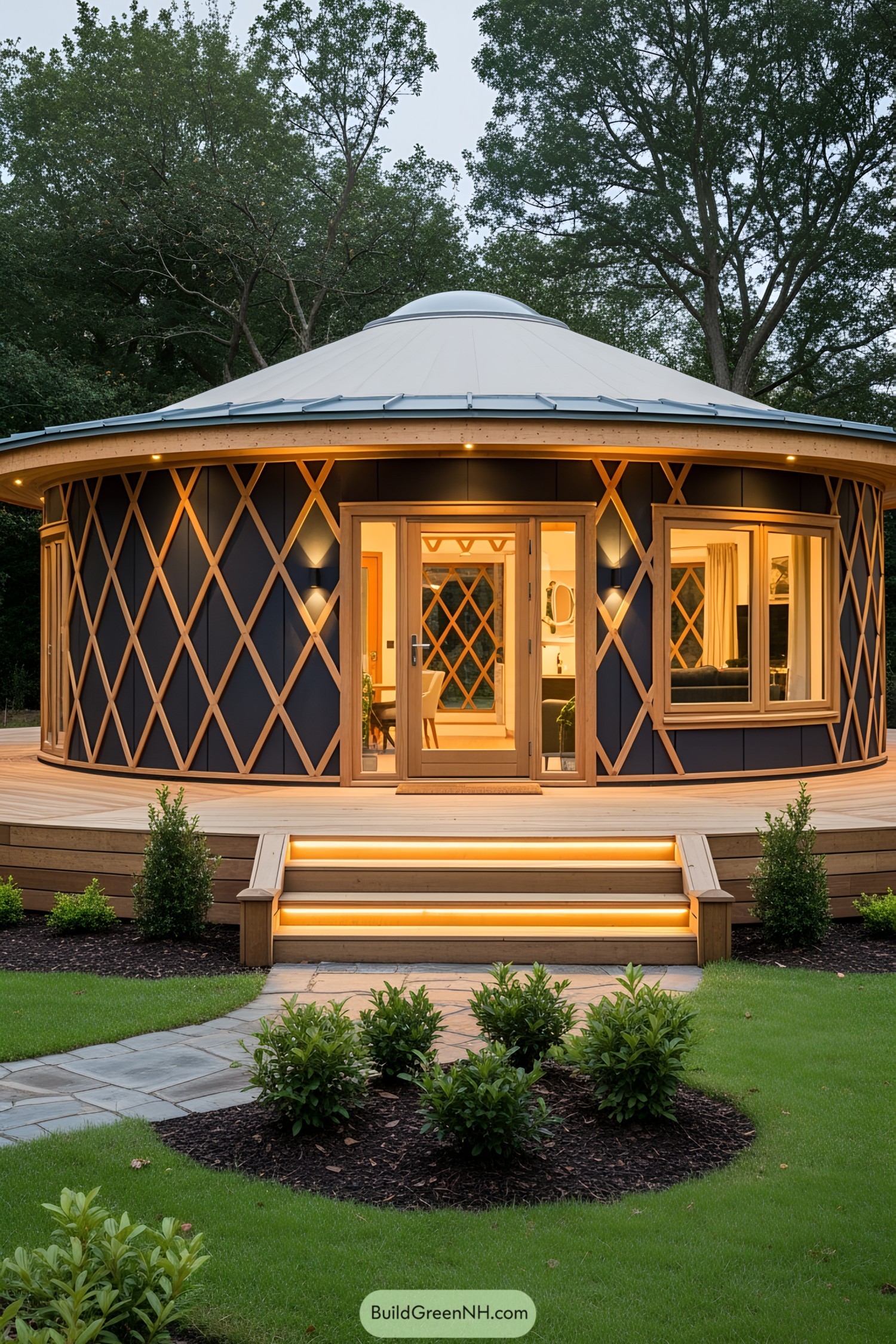 Modern yurt with elegant wooden lattice design