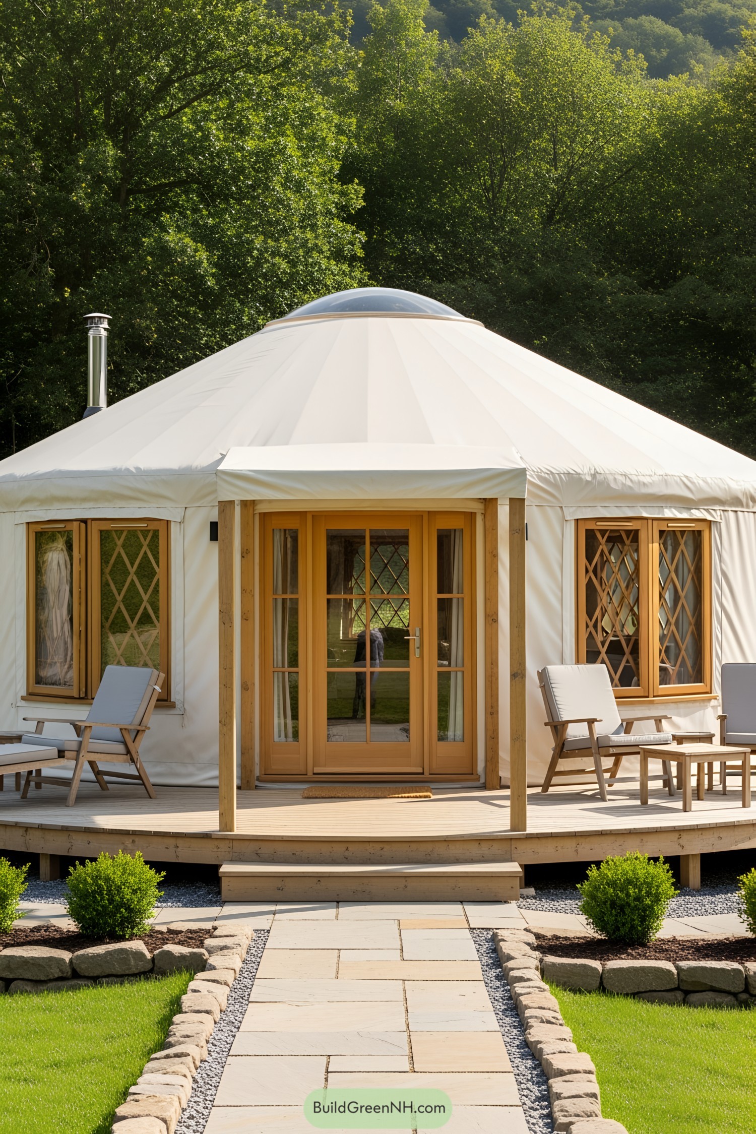 Luxurious yurt exterior with wooden deck