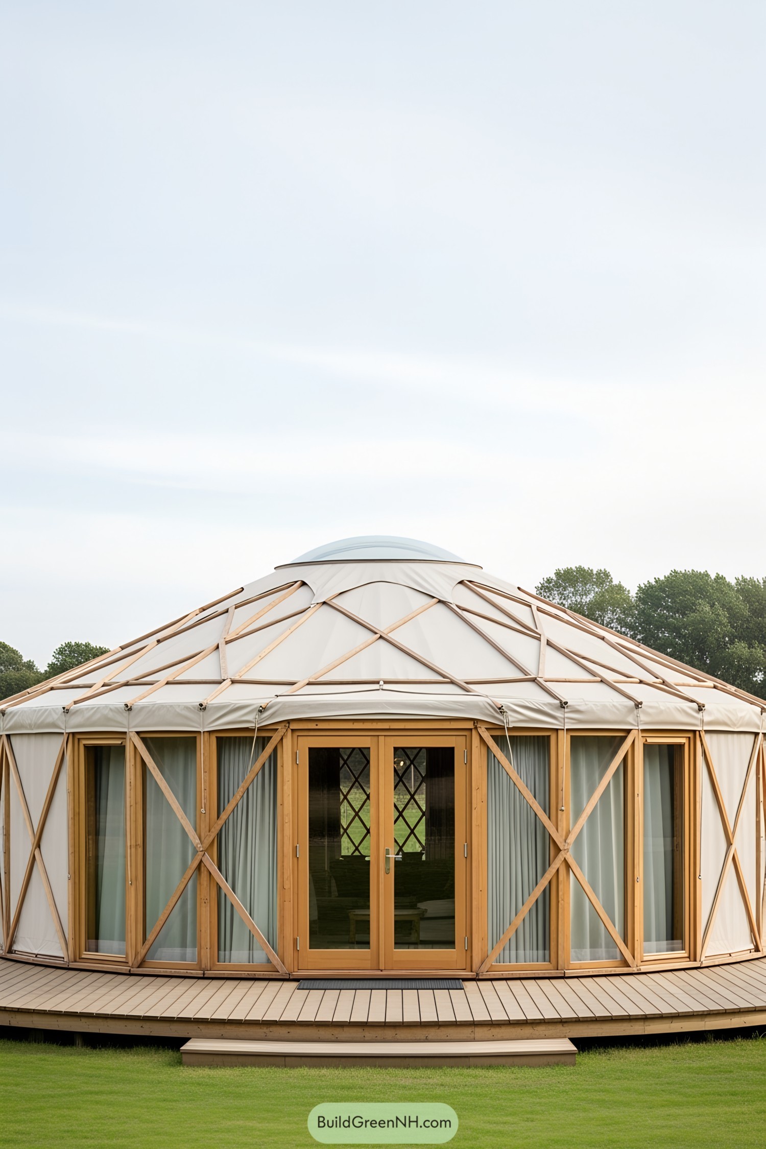 Modern yurt with wooden accents and glass doors