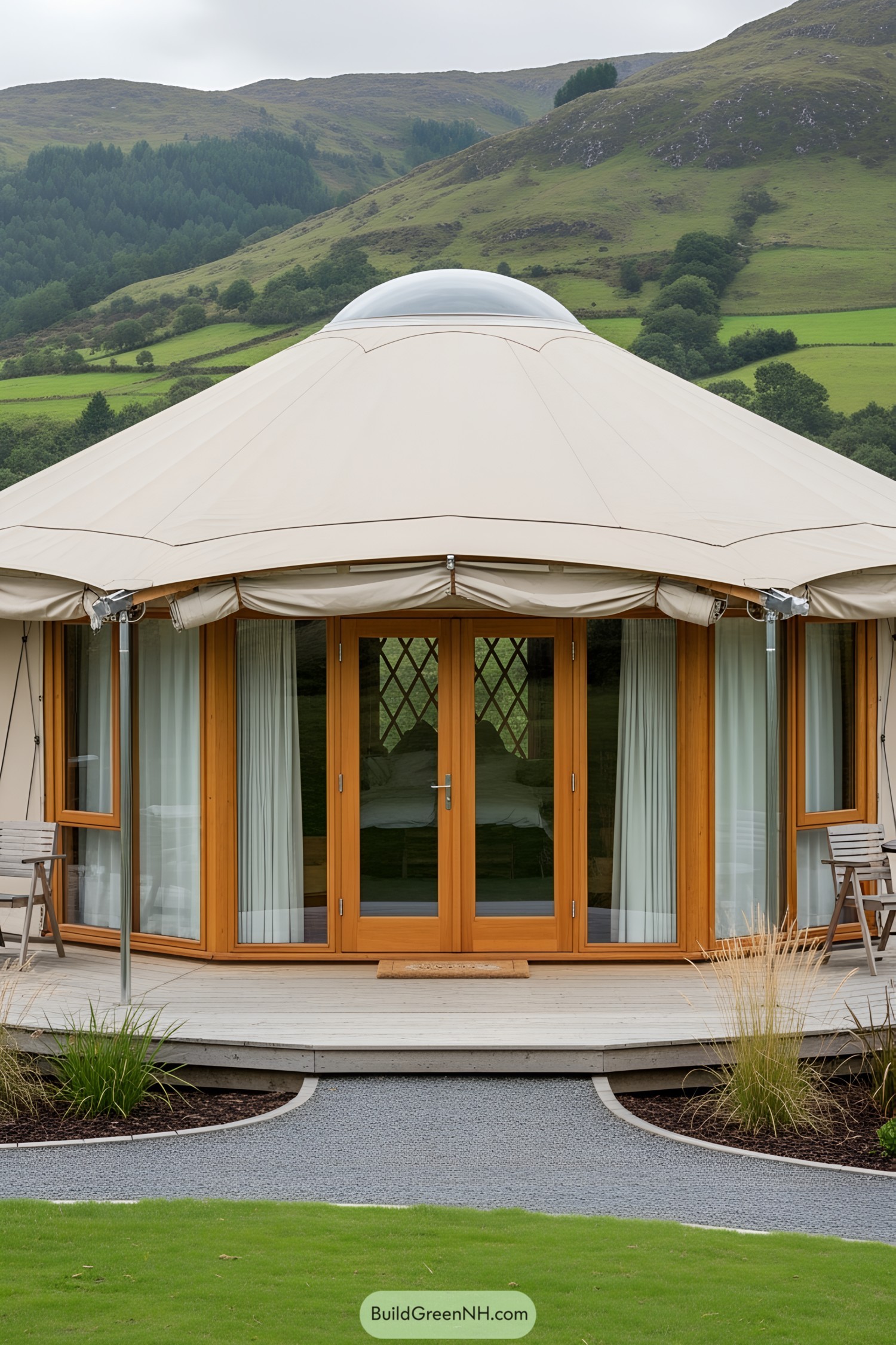 Modern yurt with wooden accents in a lush landscape