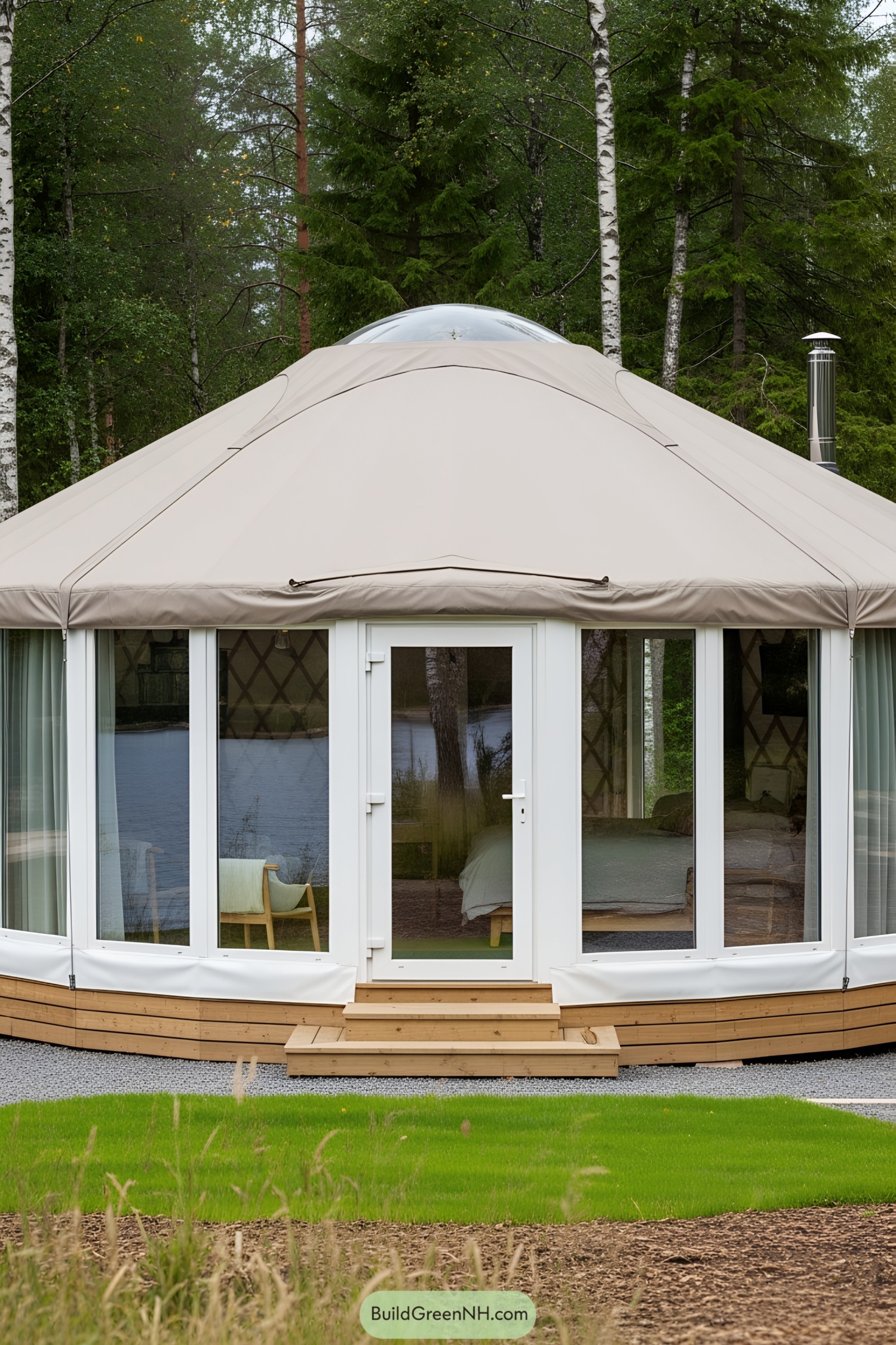 Luxurious yurt with glass doors and forest backdrop