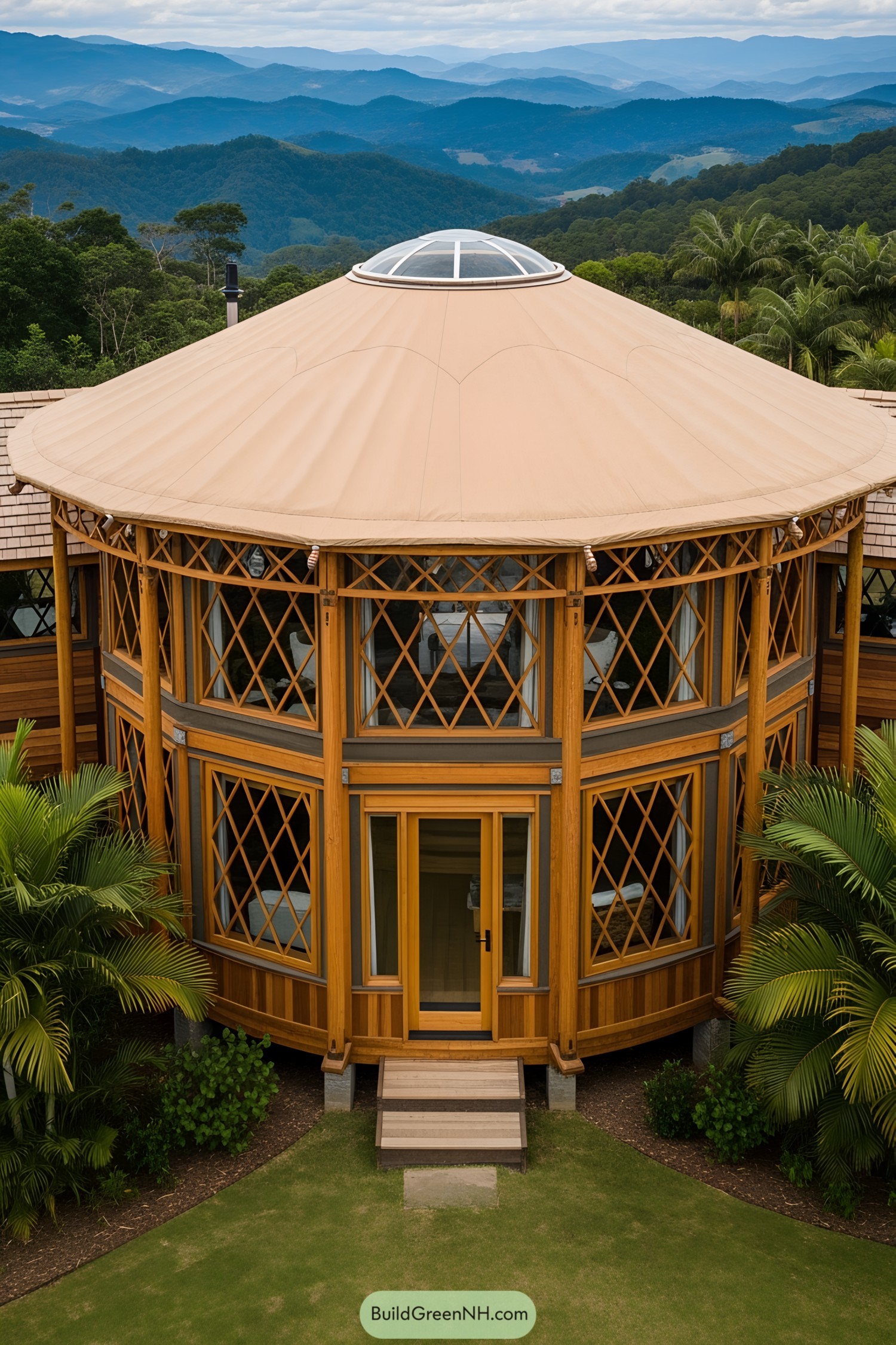 Elegant yurt set in lush landscape with mountainous backdrop
