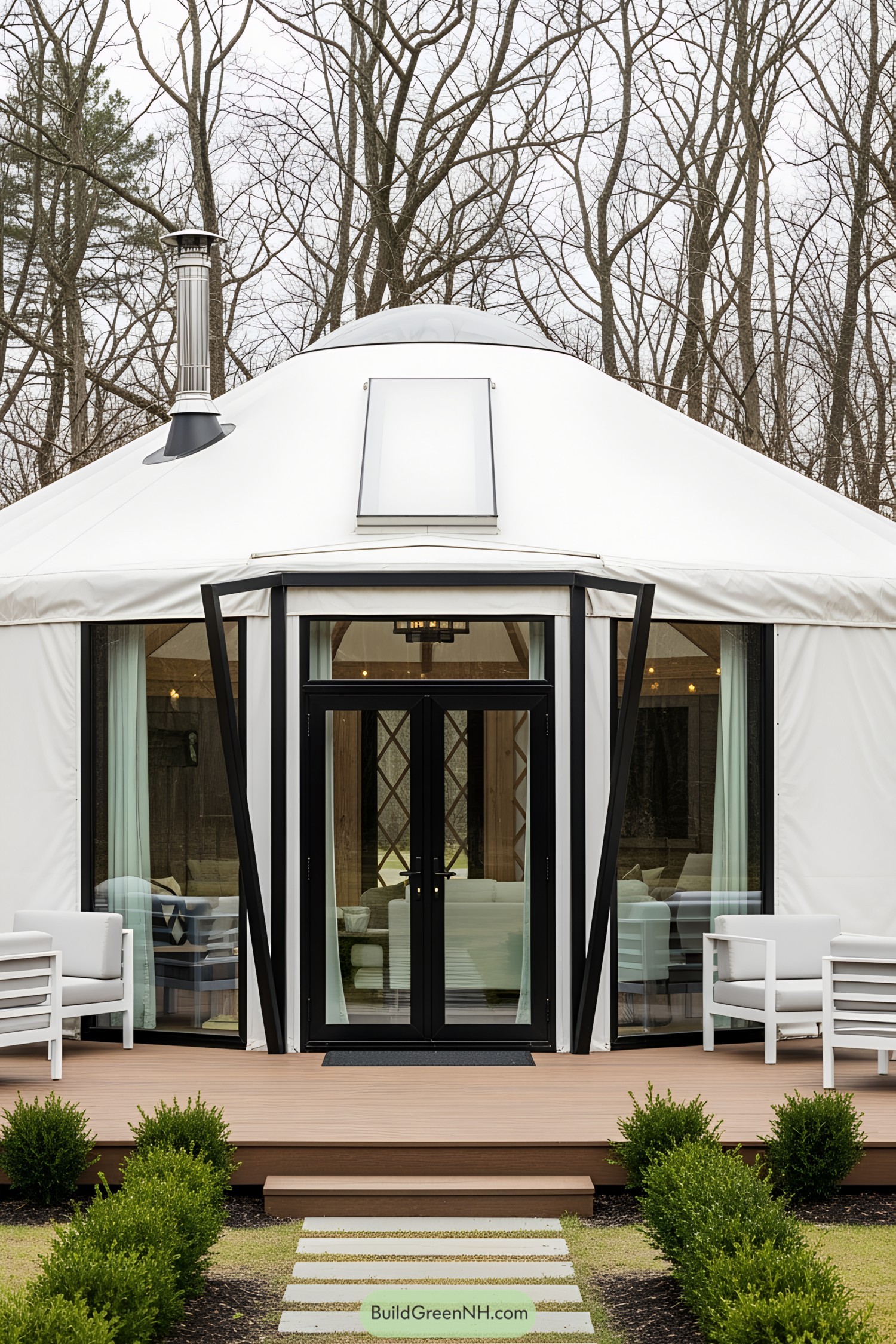 Elegant and modern yurt exterior with deck seating