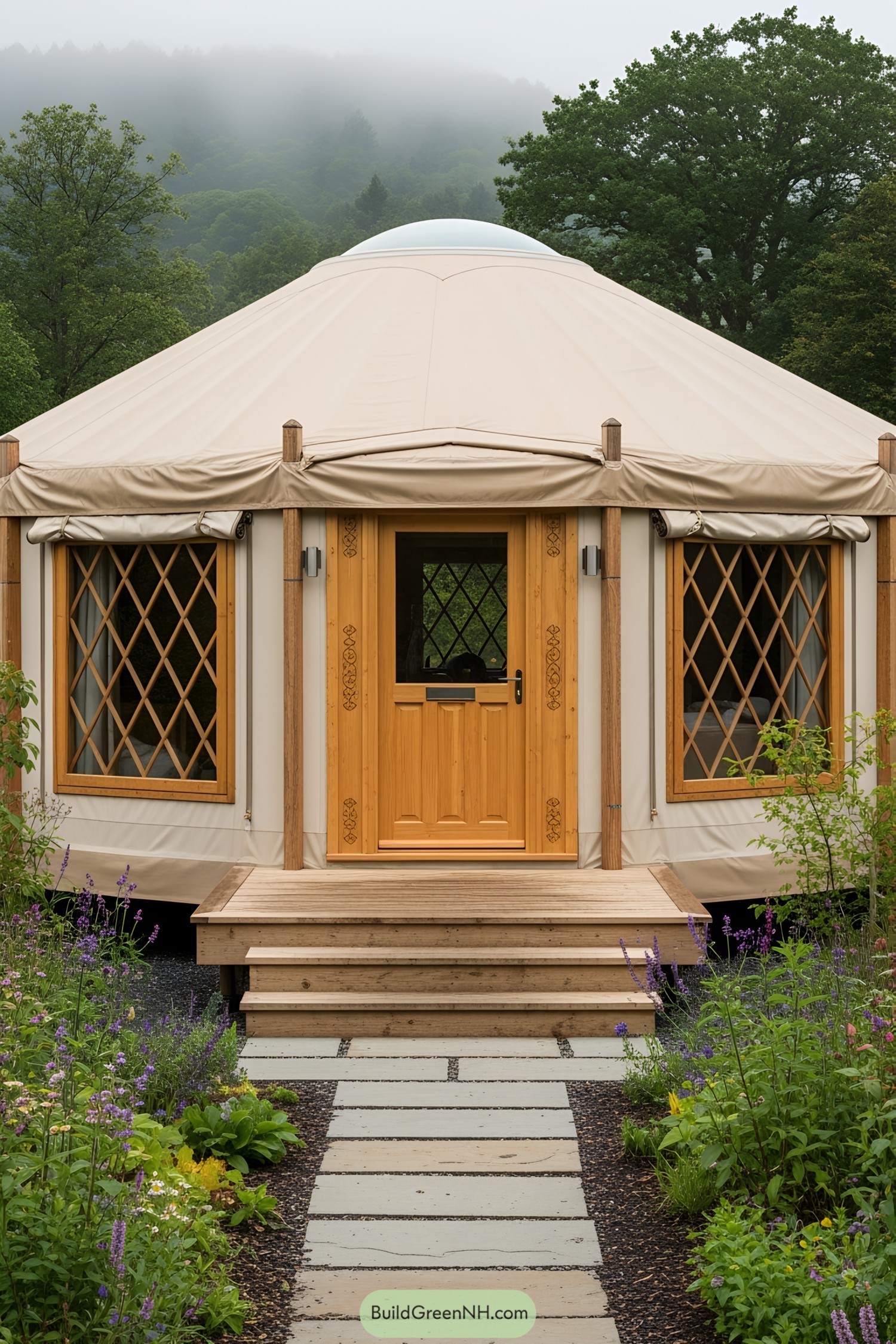 Luxury yurt with wooden accents and garden path