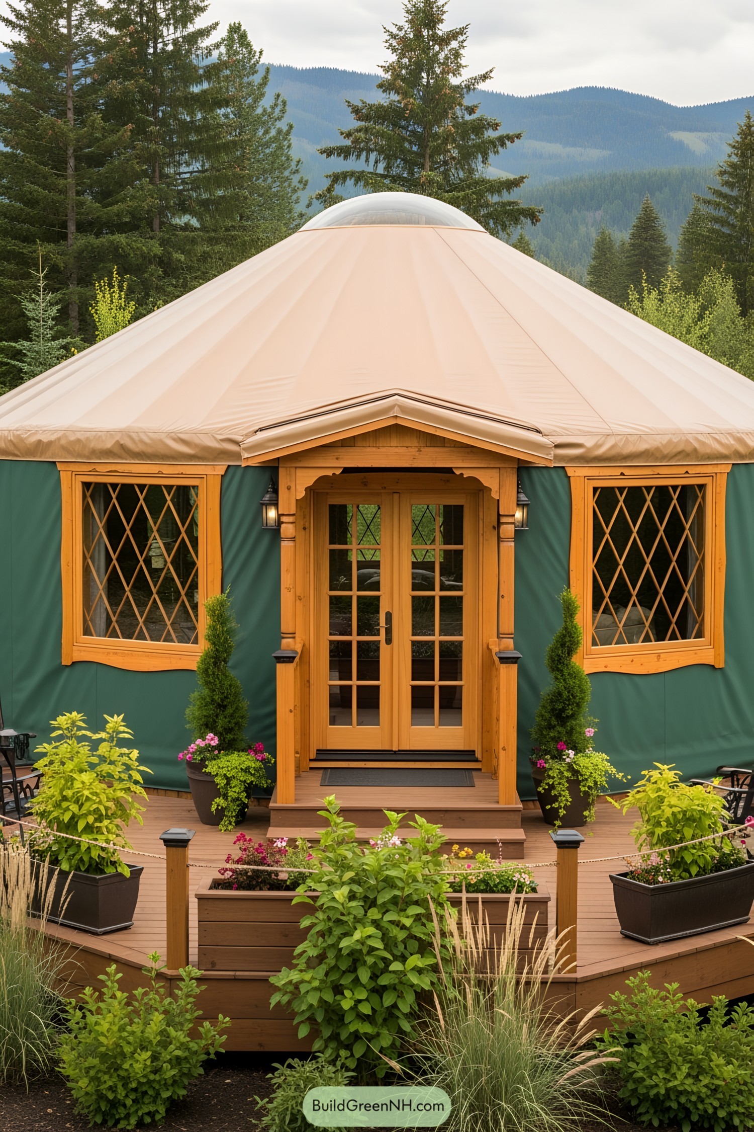 Luxury yurt with wooden accents surrounded by greenery