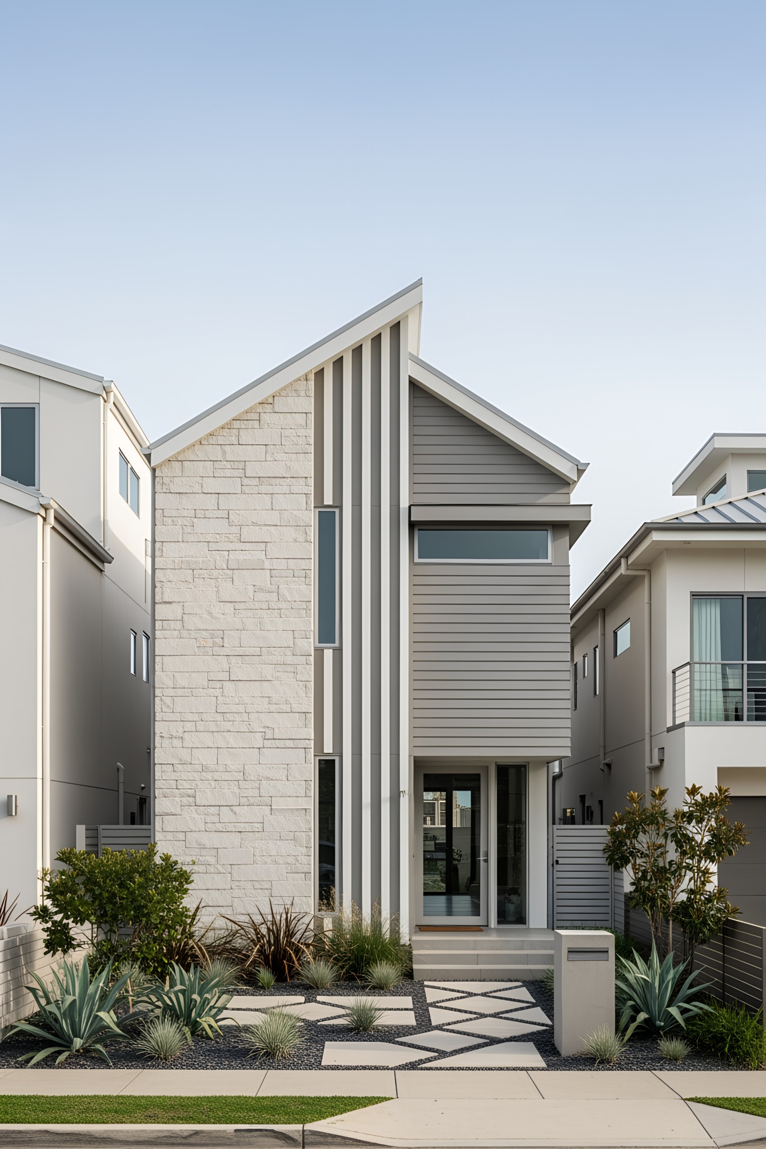 Modern coastal house with sharp angles and stone accents