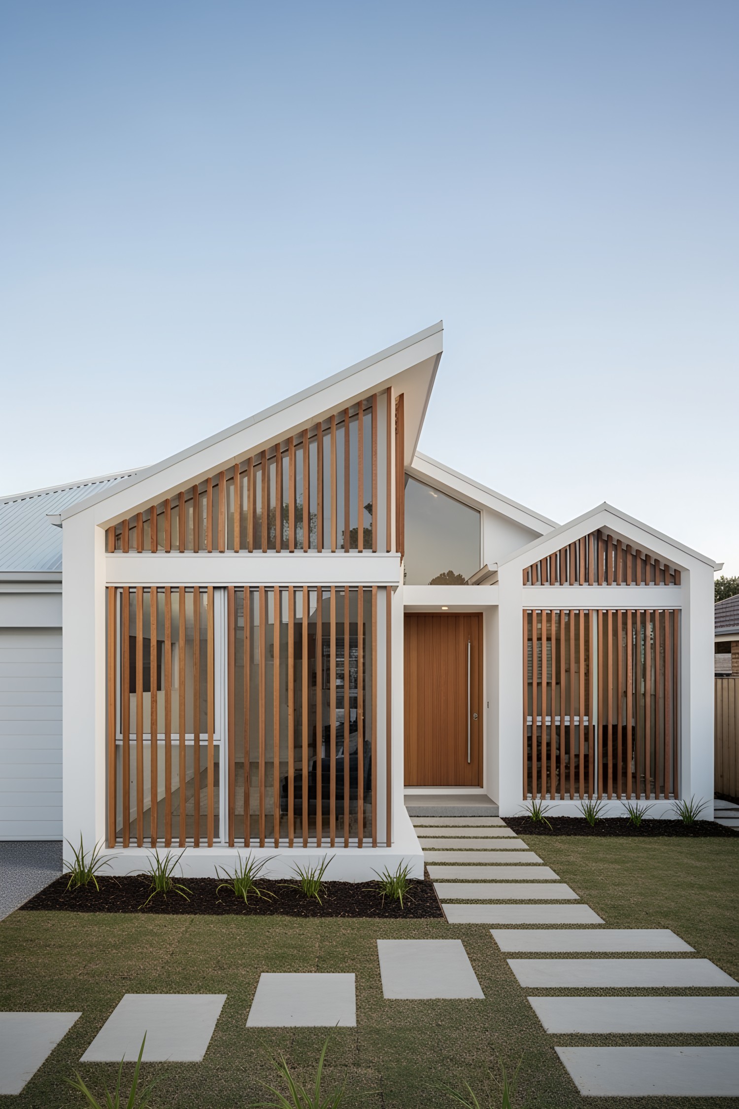 Modern house with angular design, wood slats, and lush lawn