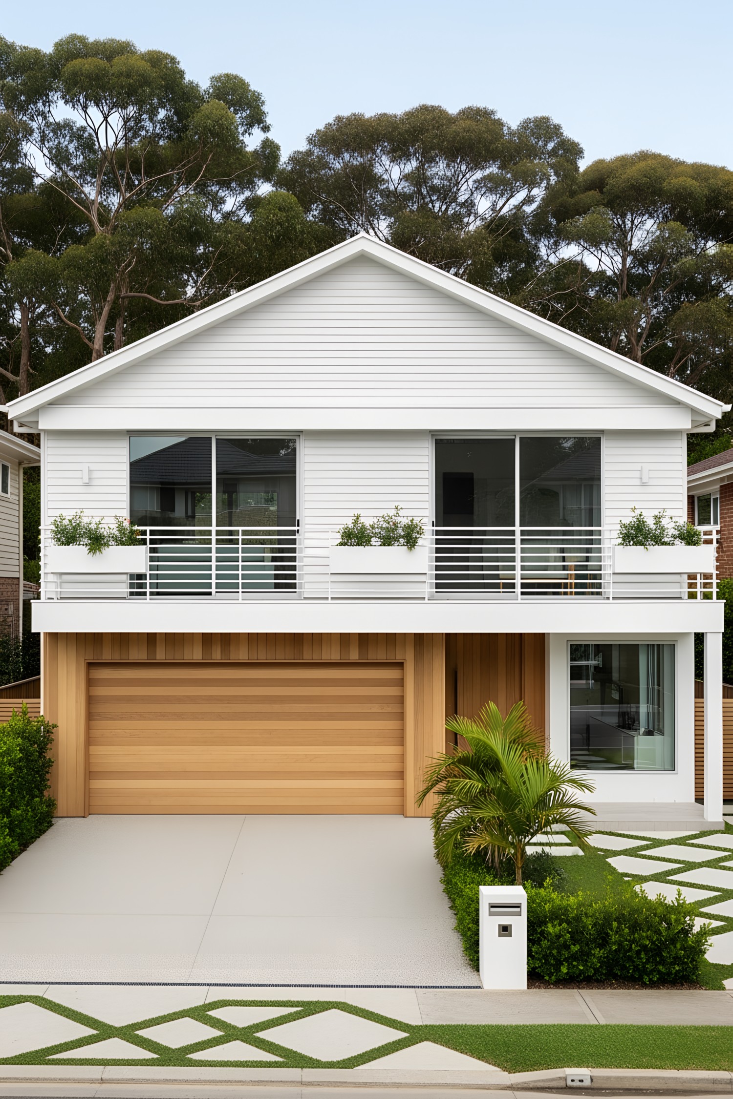 Modern beach house with white facade and wooden accents