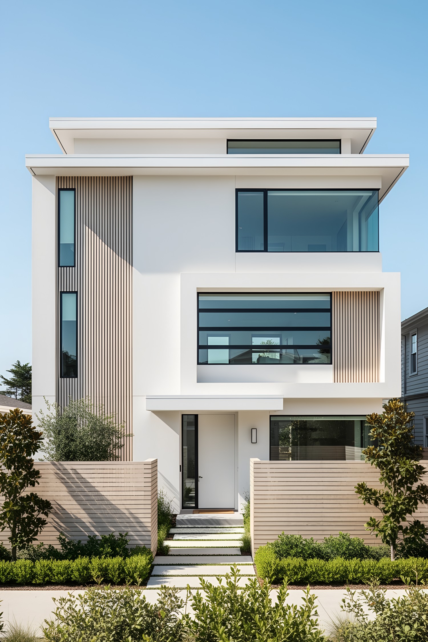 Modern beachfront house with sleek facade and lush greenery