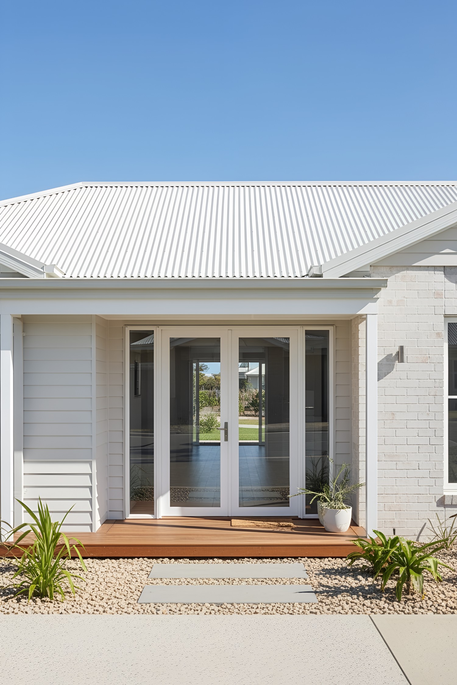 Front view of a modern coastal house with white facade
