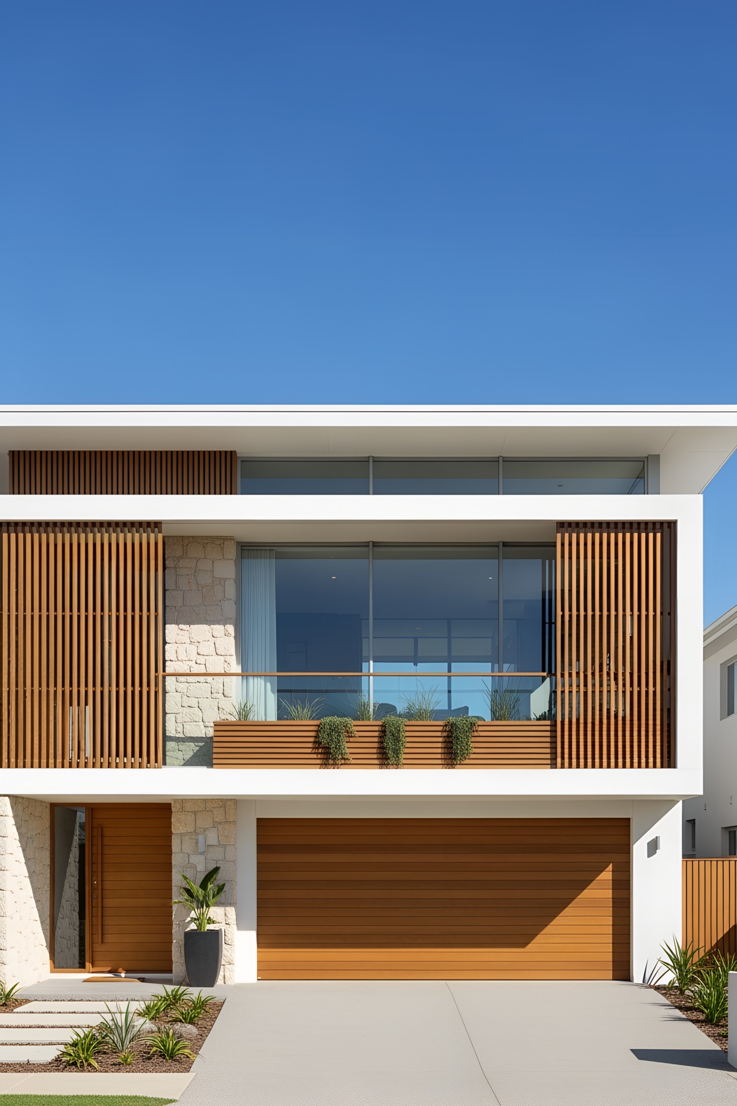 Modern coastal house with wood accents and large windows