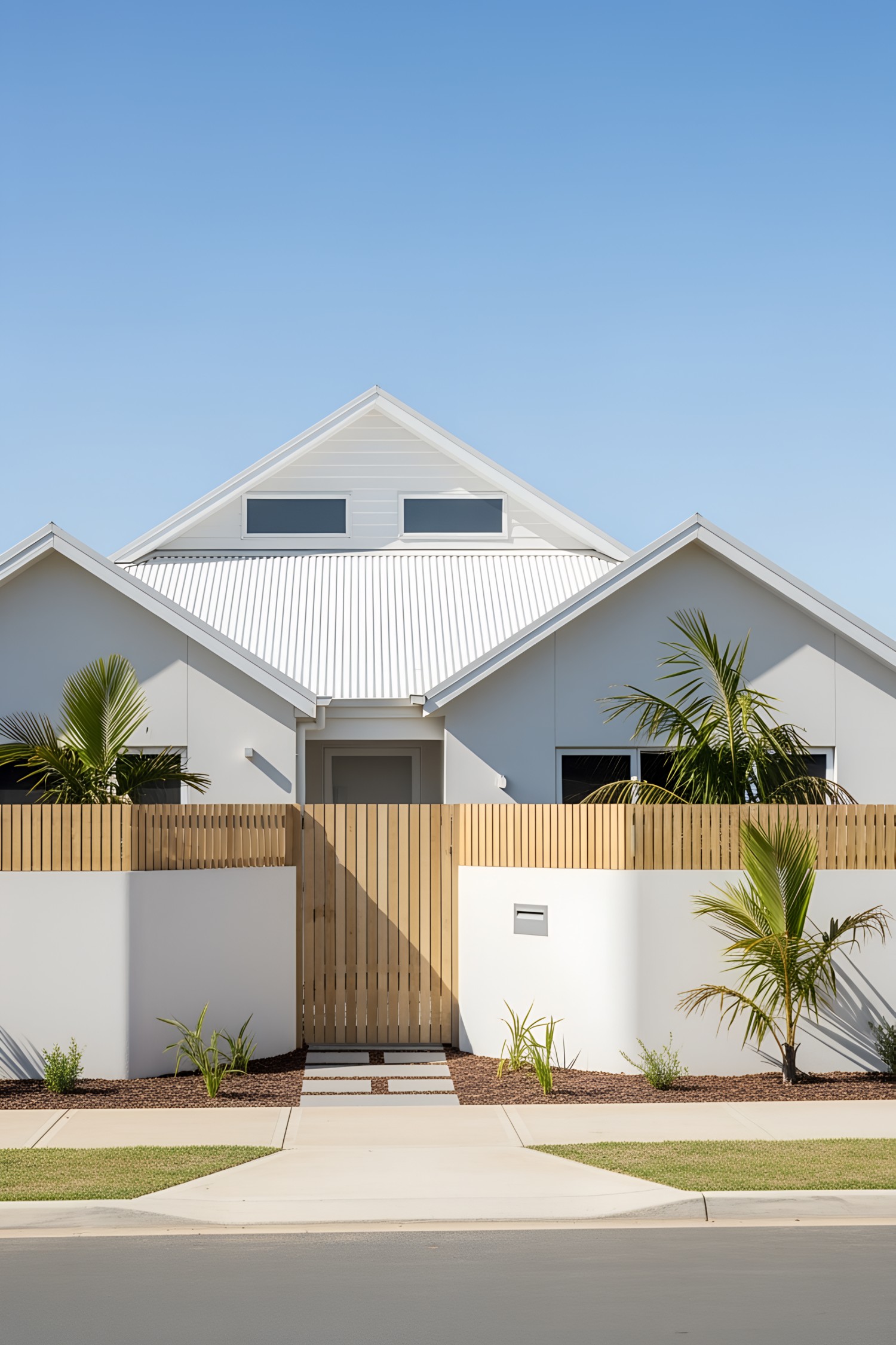 Modern coastal house with wooden fence and palm trees