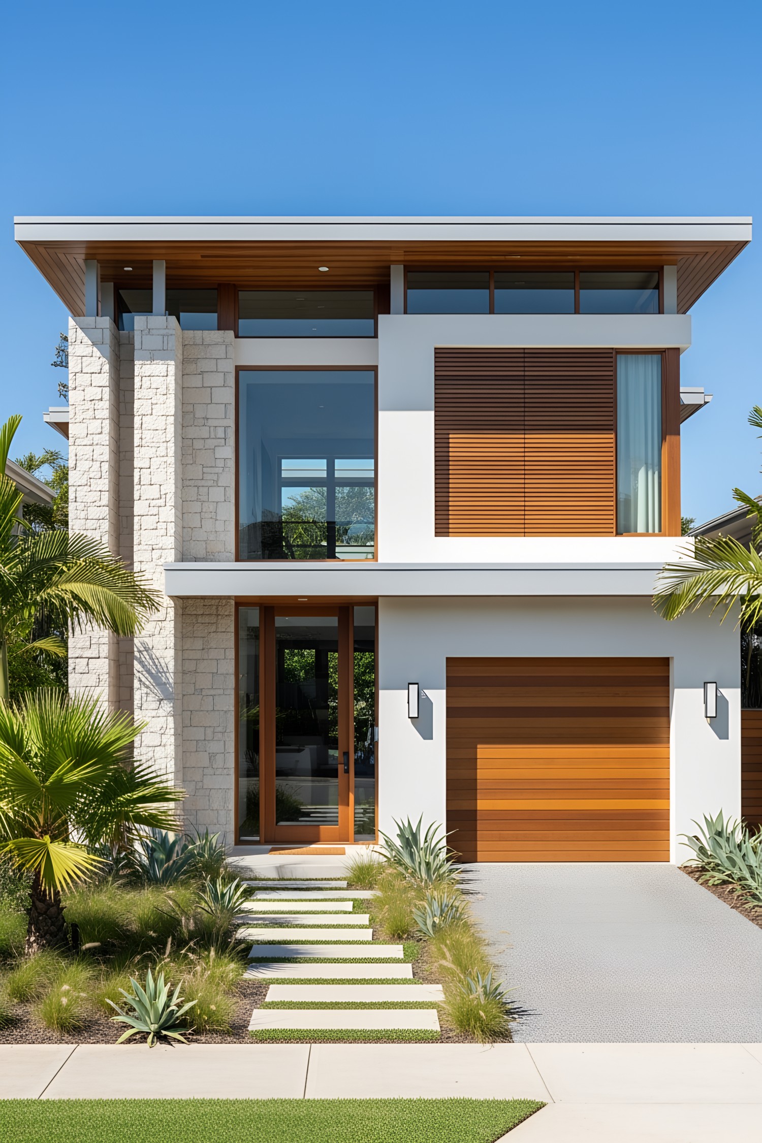 Modern coastal house with palm landscaping