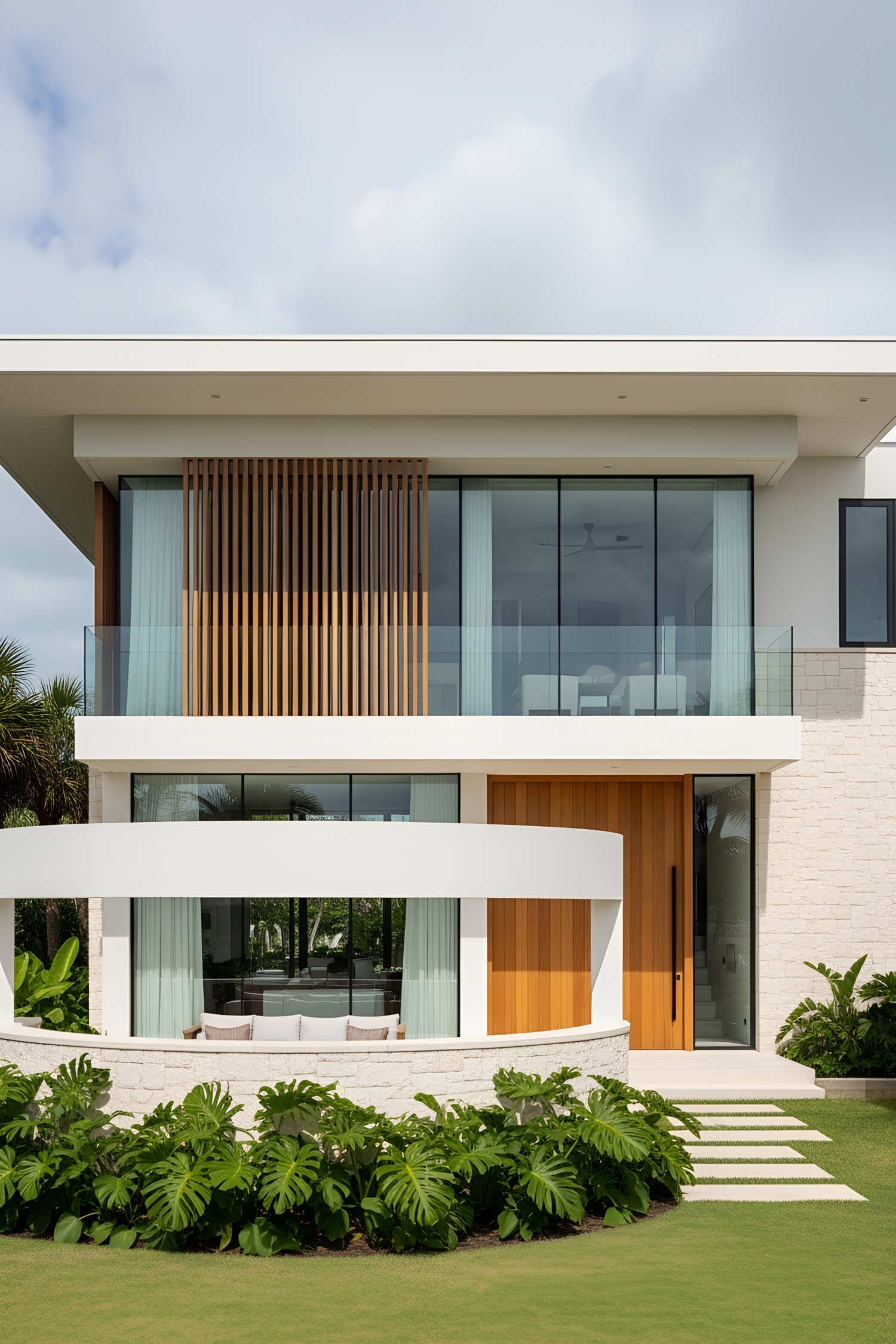 Modern coastal home with wood accents and large windows