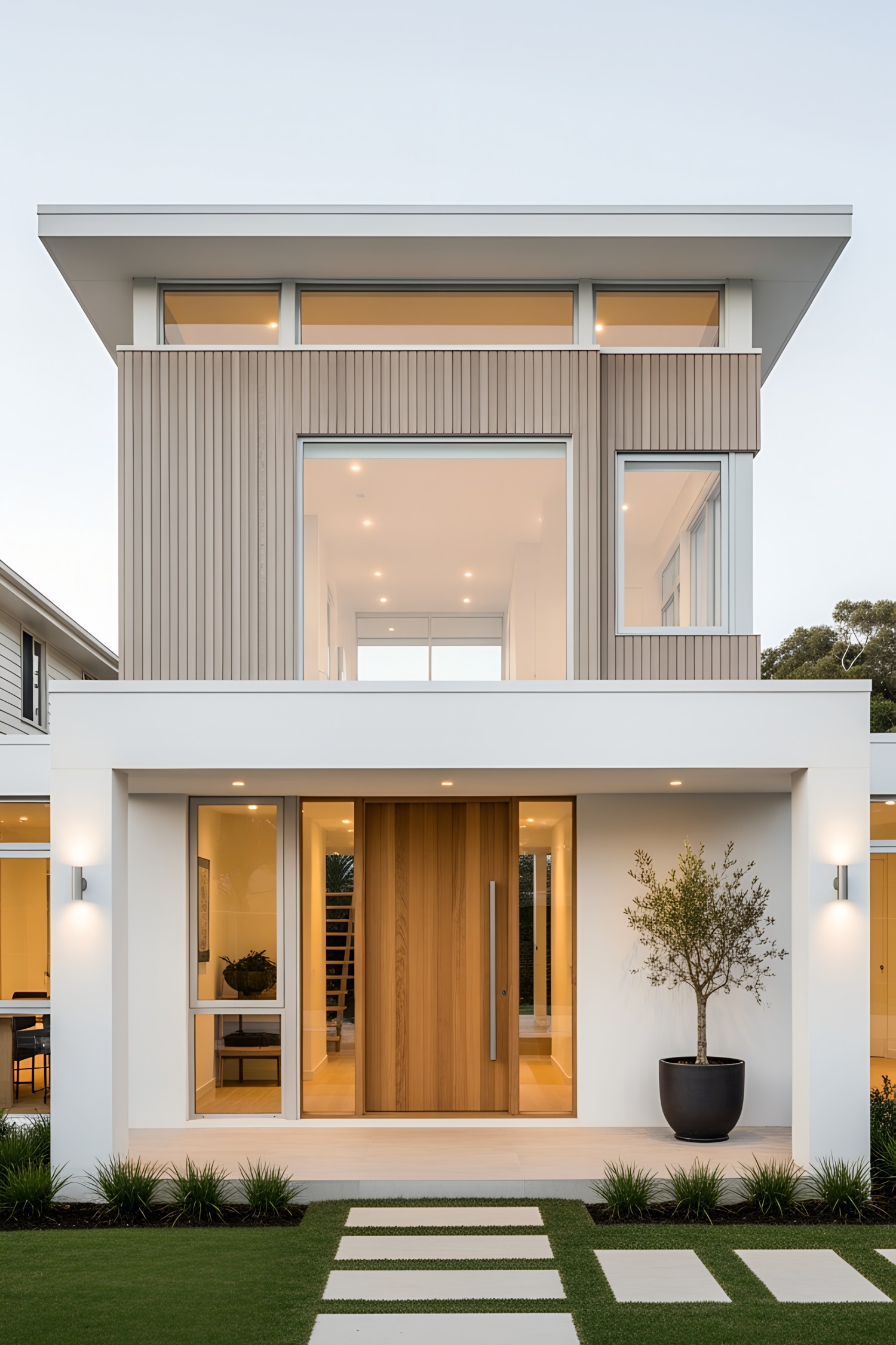 Contemporary coastal home with sleek facade and warm lighting