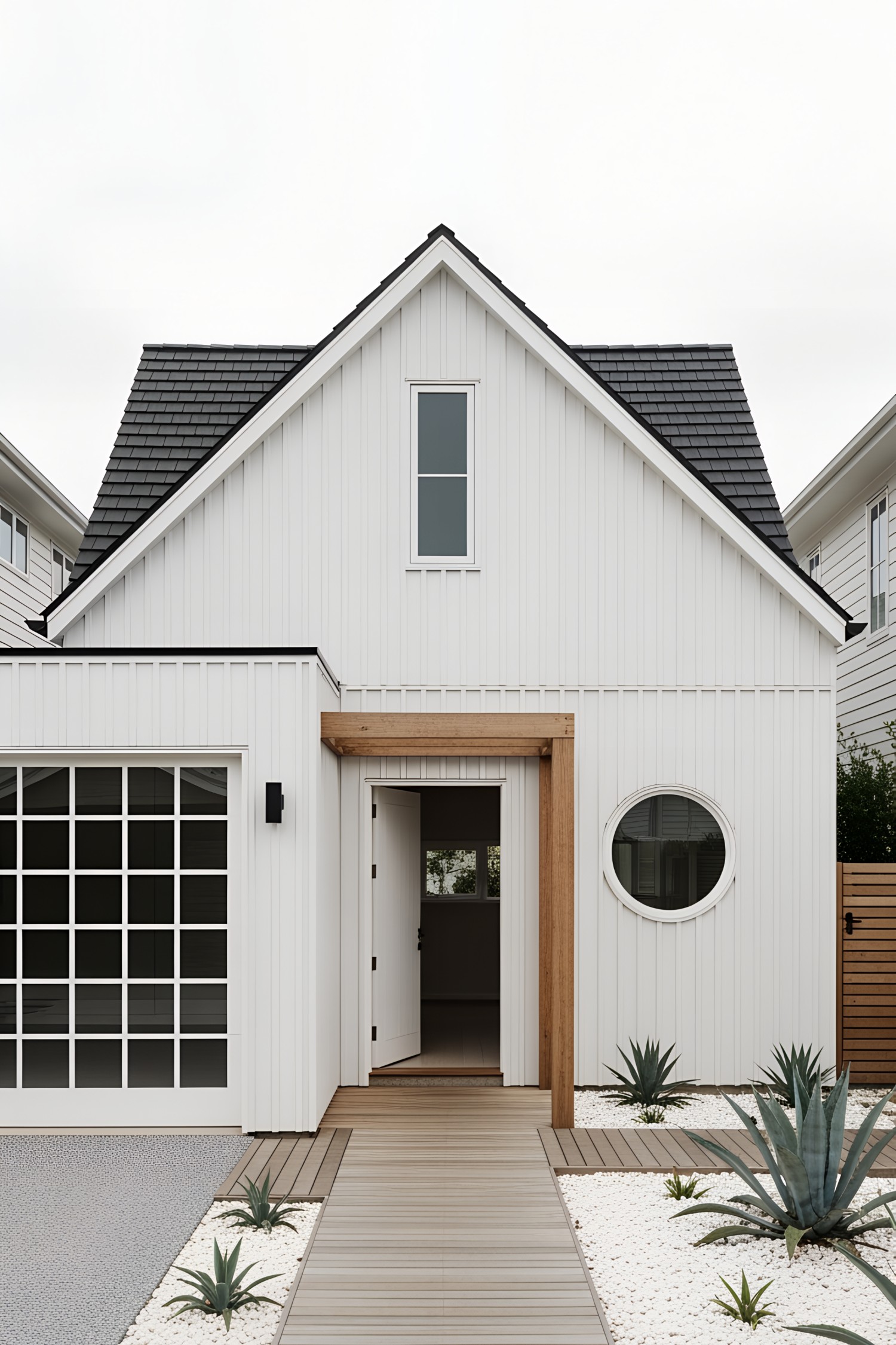 White beach house facade with circular window and wooden accents