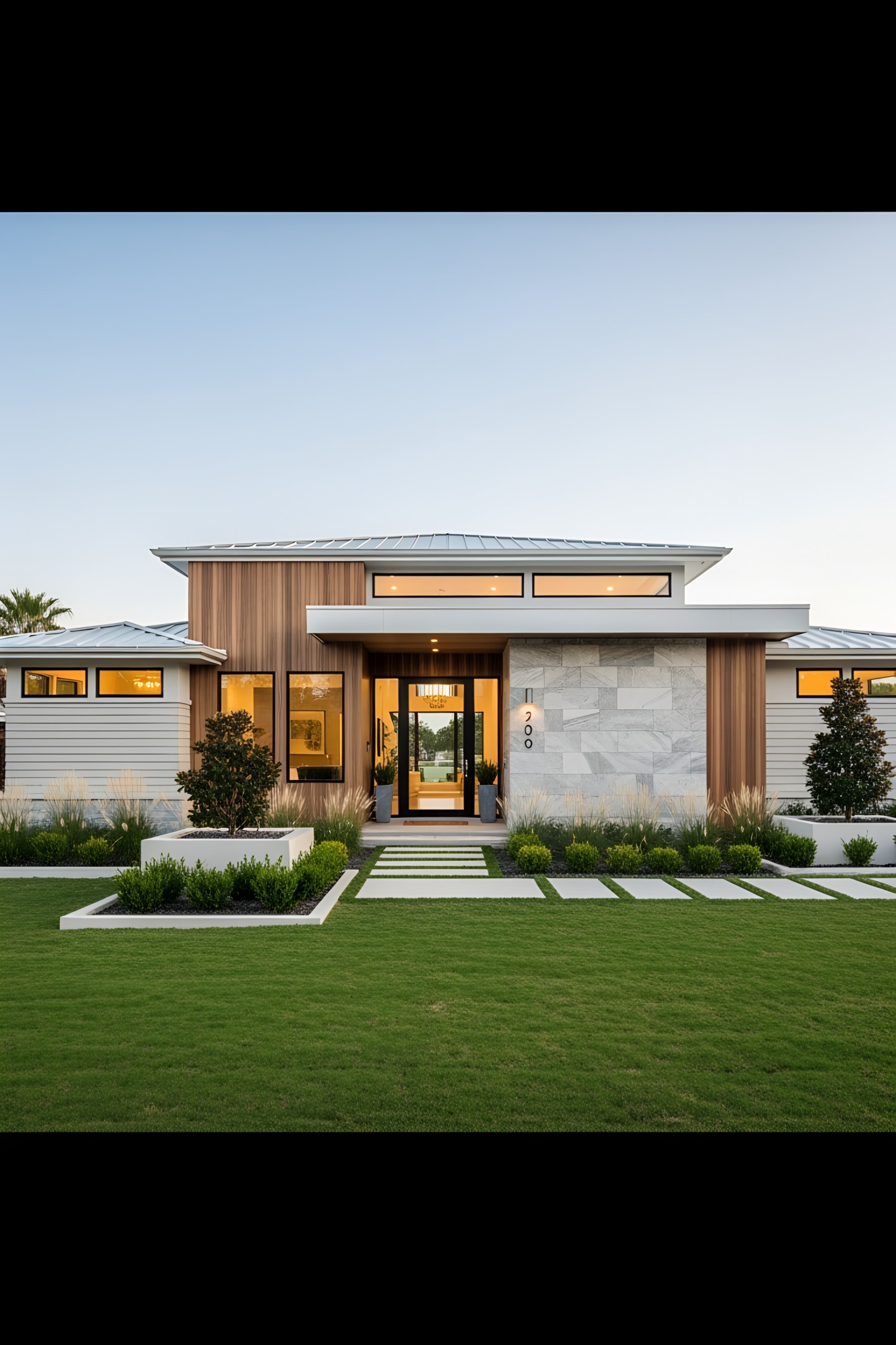 Contemporary house with sleek design elements and lush garden