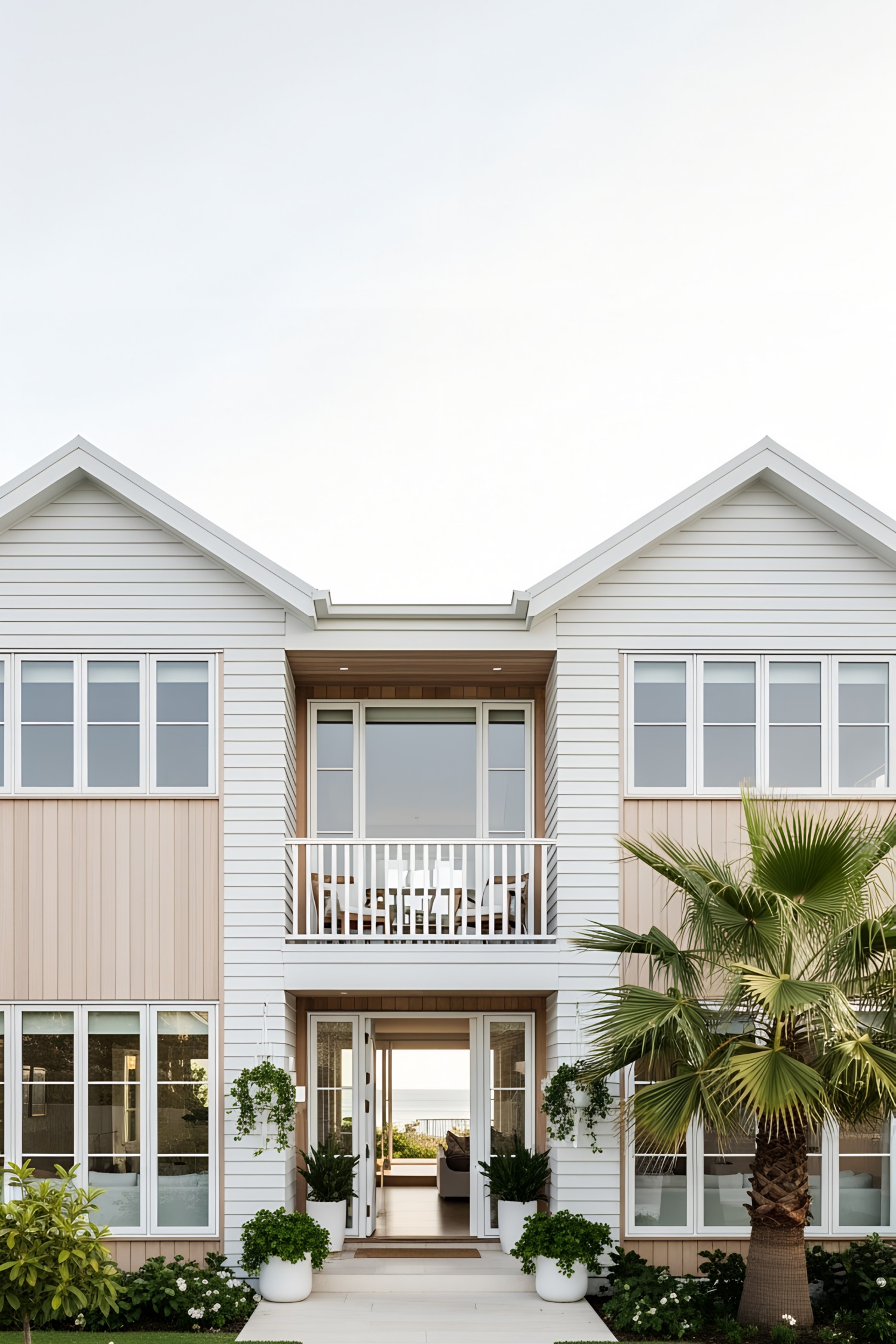 Modern coastal house with palm tree and expansive windows