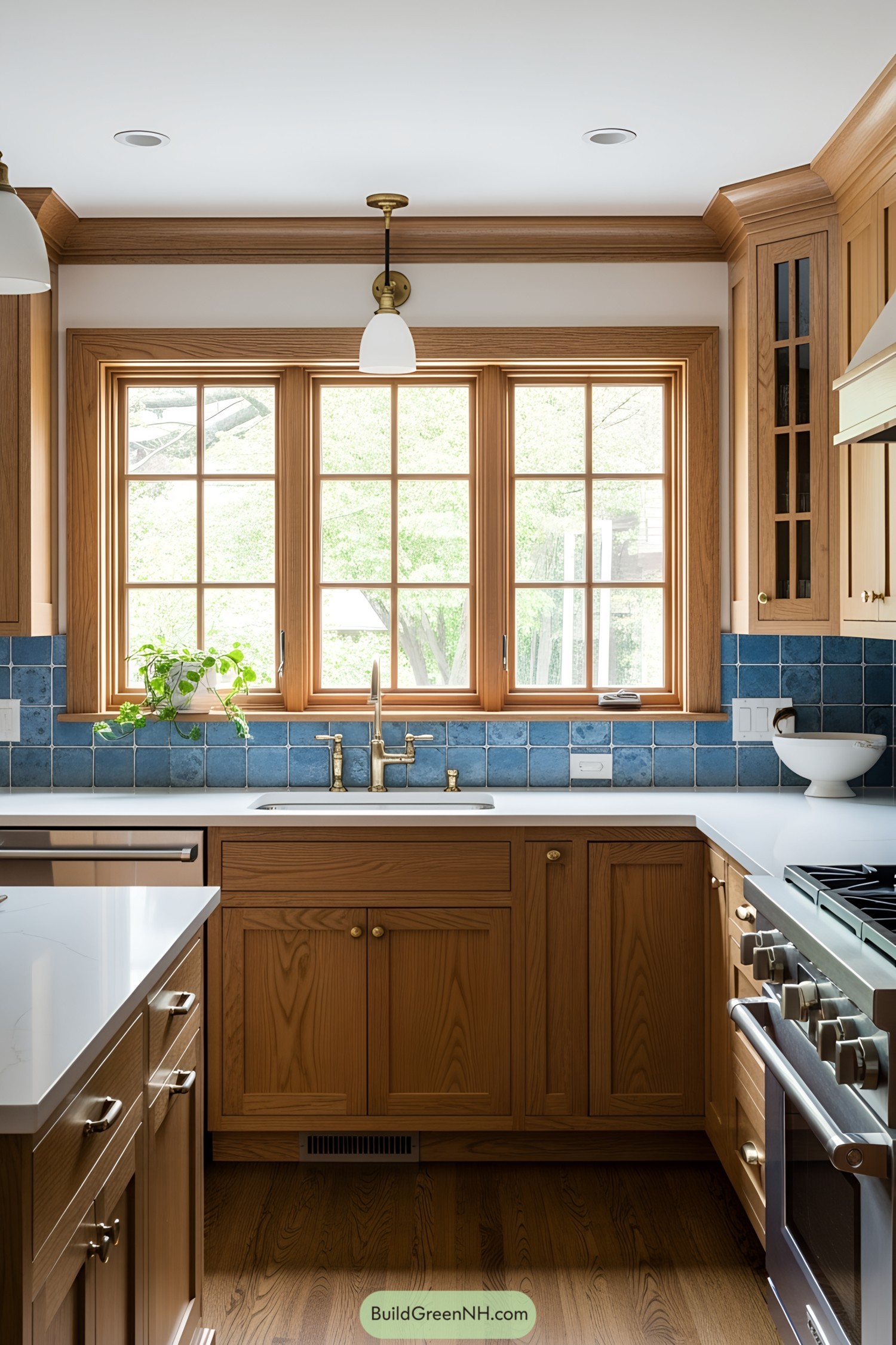 Wooden kitchen cabinets with deep blue tiles and brass accents