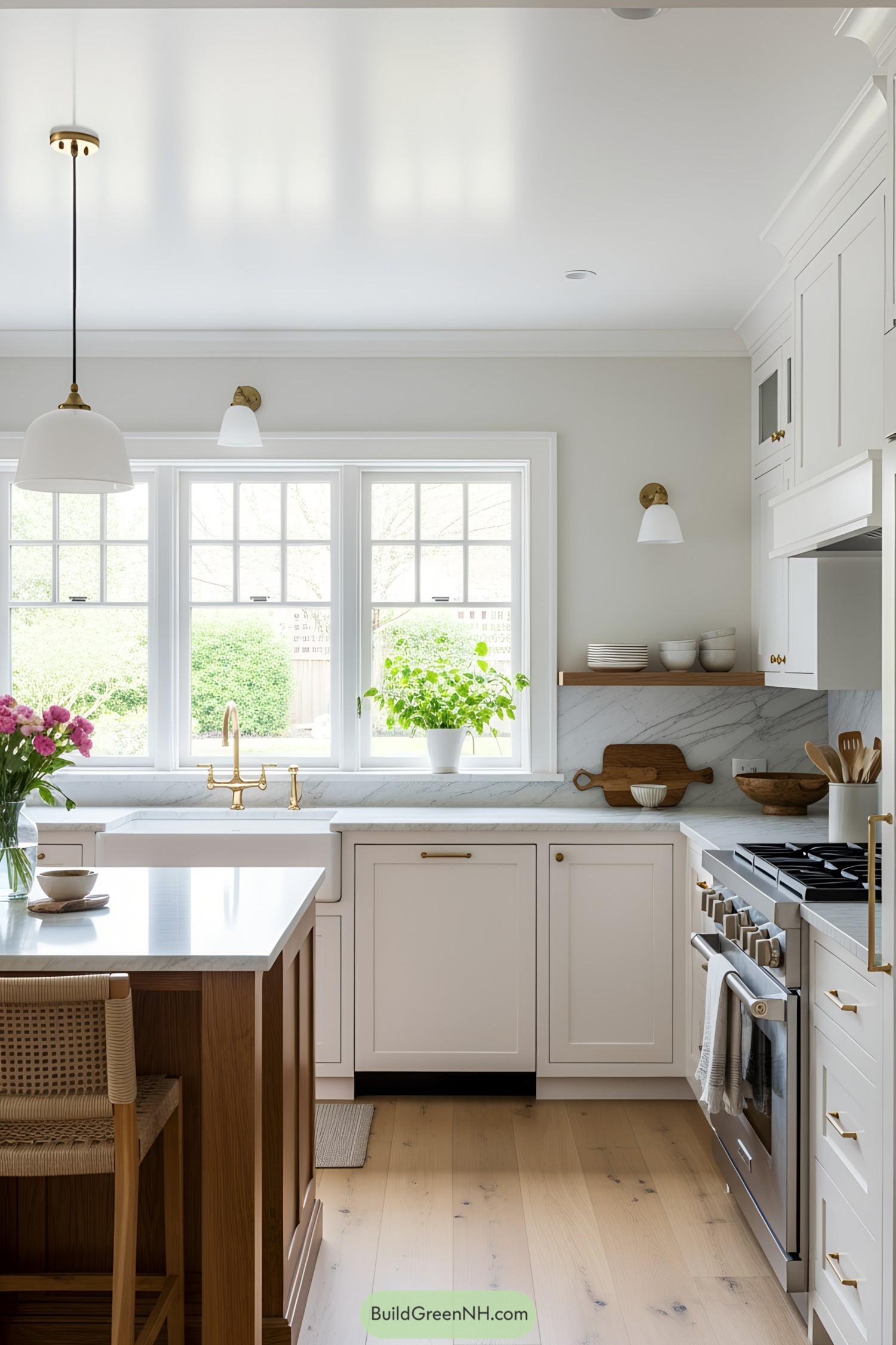 Bright kitchen with large windows and wooden accents
