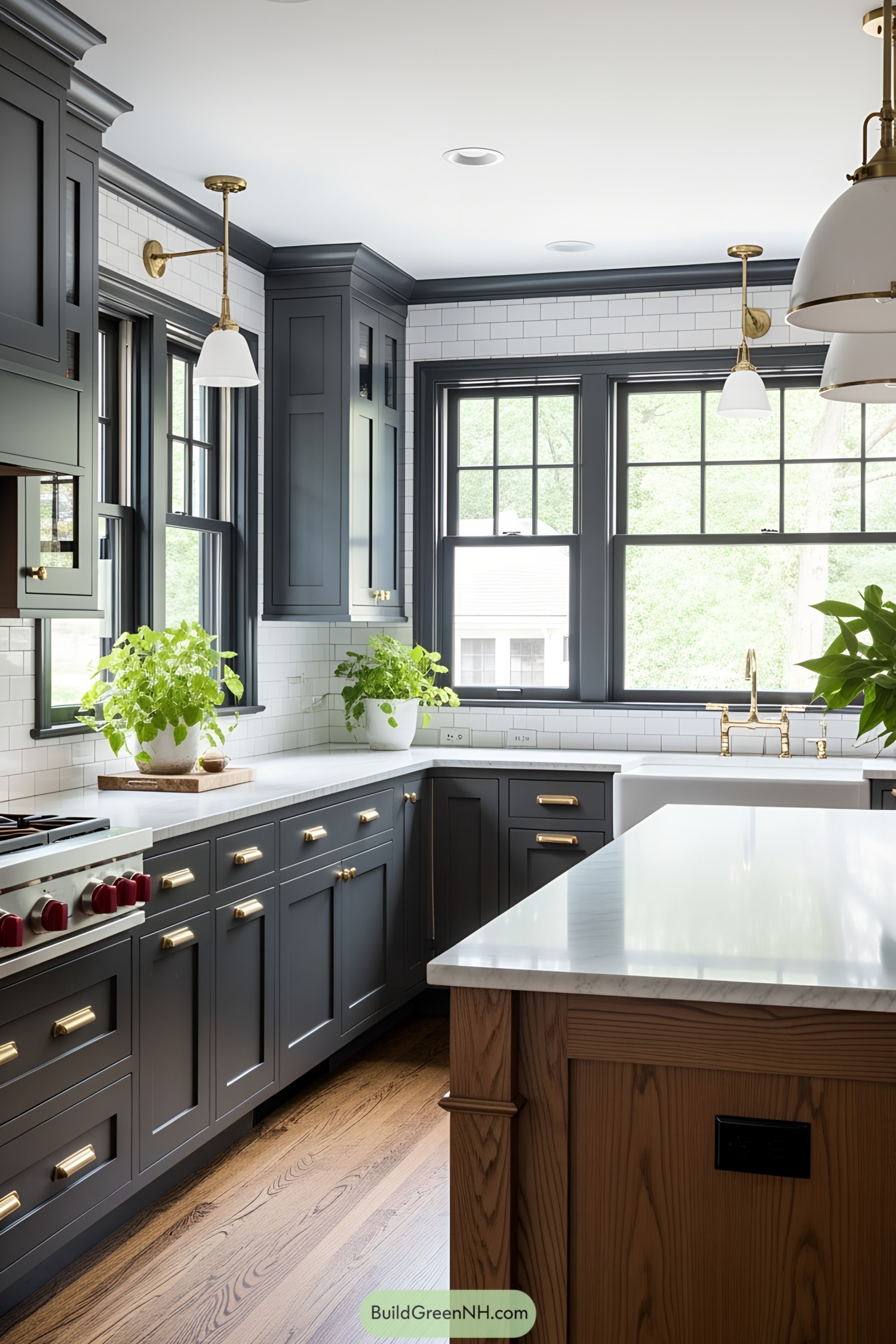 Modern craftsman kitchen with dark cabinets, brass handles, and lush greenery