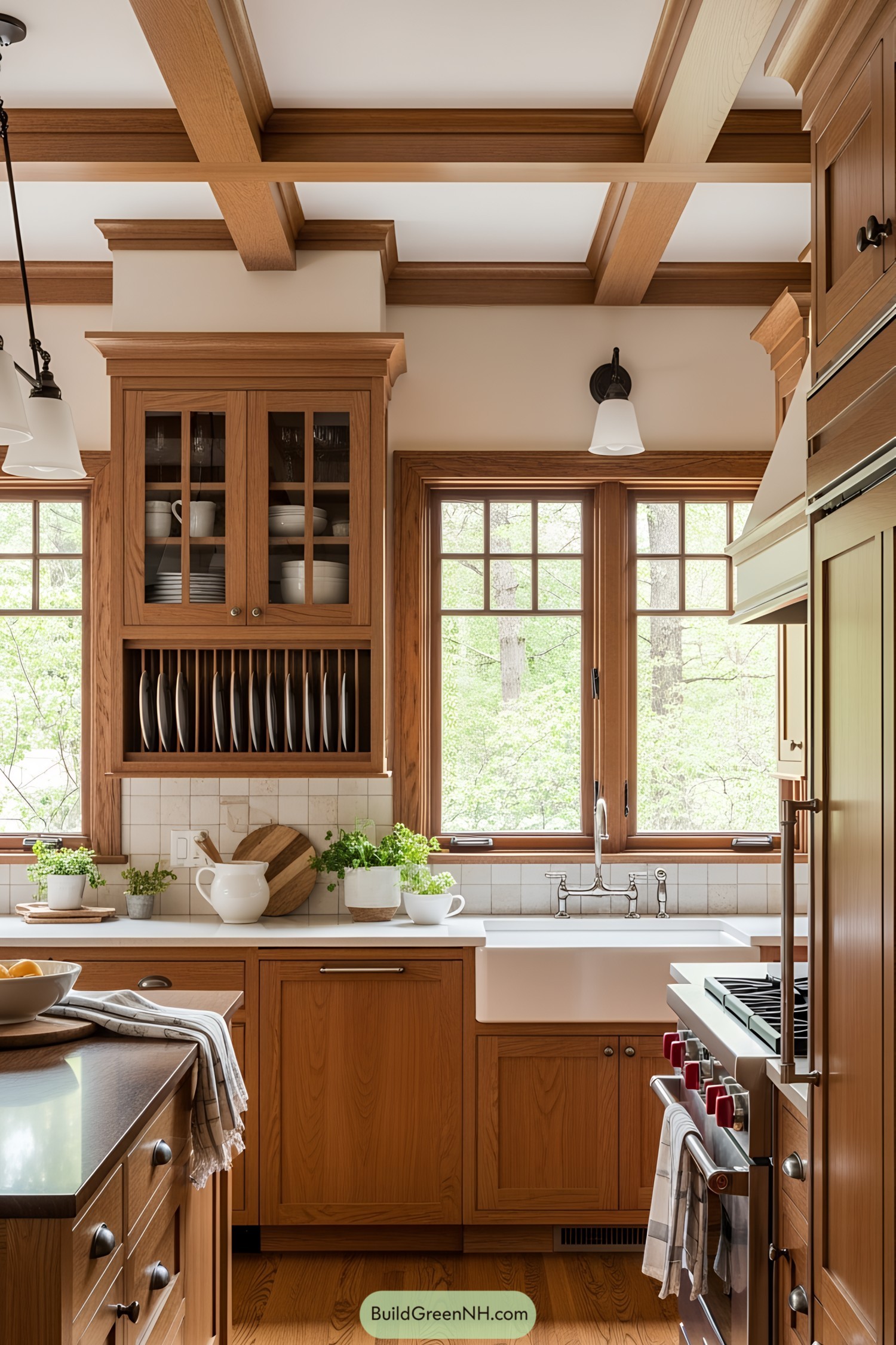 Sunlit kitchen with wooden cabinetry and a farmhouse sink