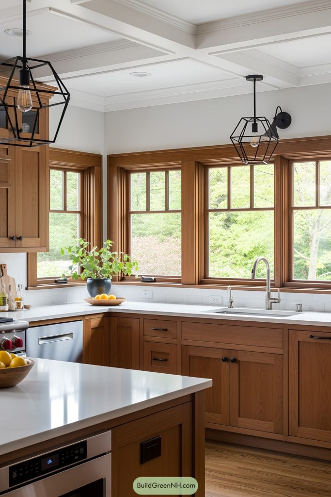 Modern Craftsman Kitchen with a refined yet inviting aesthetic, blending timeless wood craftsmanship with clean contemporary lines. The color theme centers on warm, rich wood tones contrasted by crisp white countertops. Architectural detailing is evident in the robust cabinetry and substantial trim around the walls, doors, and windows. Walls are subtly painted in a light, neutral shade, emphasizing natural materials. Generous windows framed in dark wood offer clear views of a lush garden, infusing the room with natural light. Hardwood floors in a medium finish complement the cabinetry, while the ceiling is pristine white with elegant crown molding. Pendant lighting in geometric black metal adds modern flair. Furnishings include a substantial kitchen island with ample storage and integrated stainless appliances. Accessories, such as a bowl of lemons and fresh greenery, provide lively accents, reinforcing the connection with nature.
