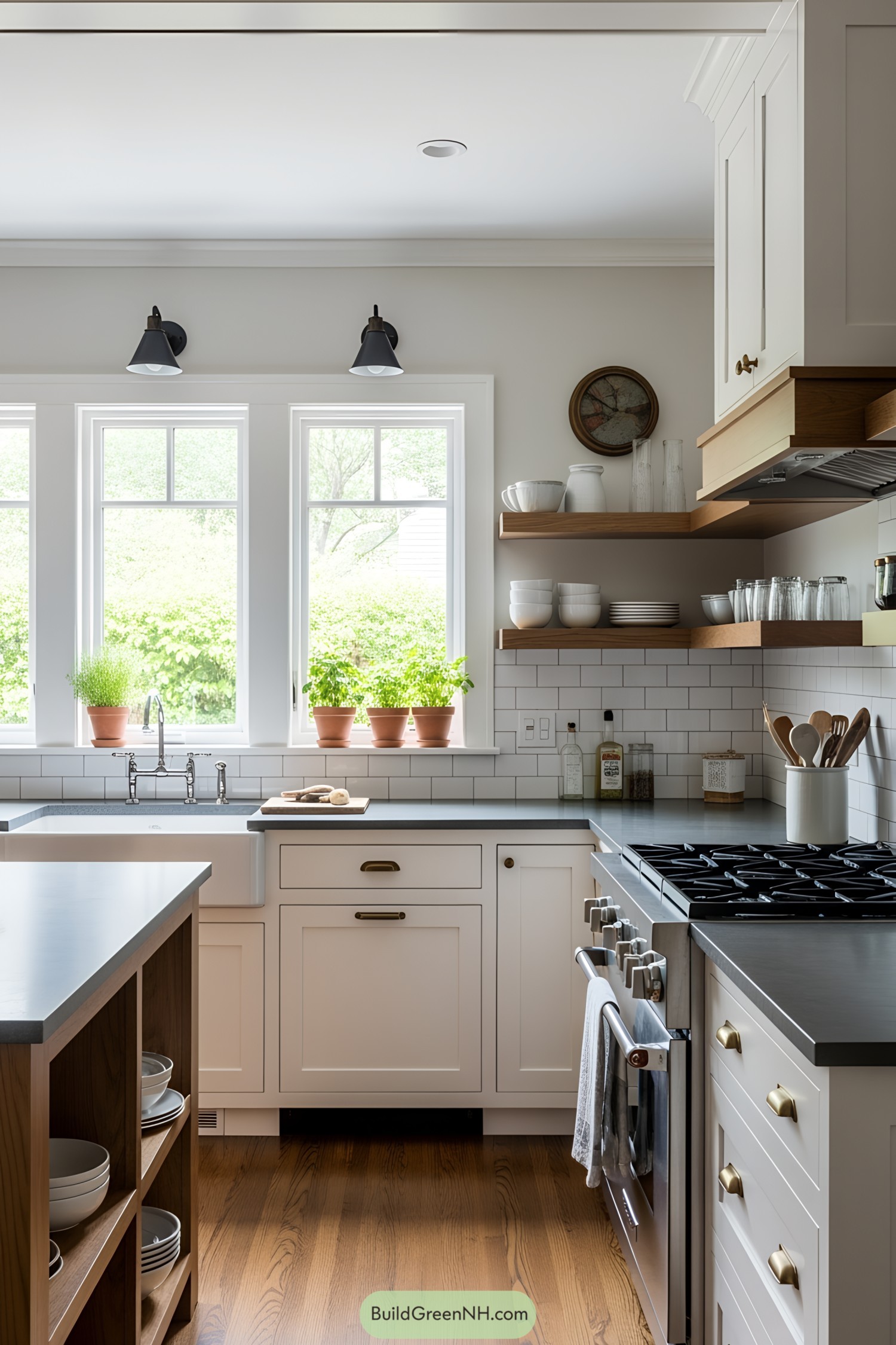Bright kitchen with herb pots and subway tiles