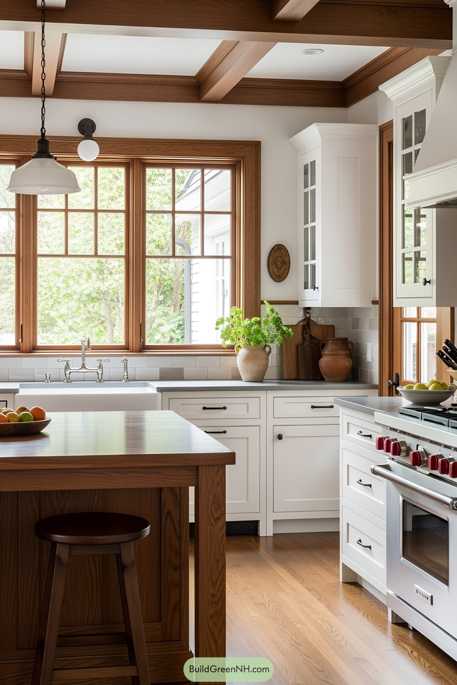 Bright kitchen with wooden accents and white cabinets