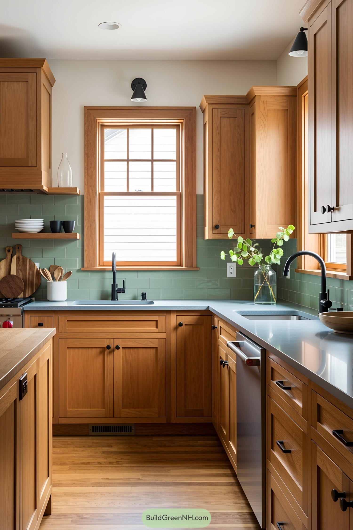 Modern kitchen with wooden cabinets and green tiles
