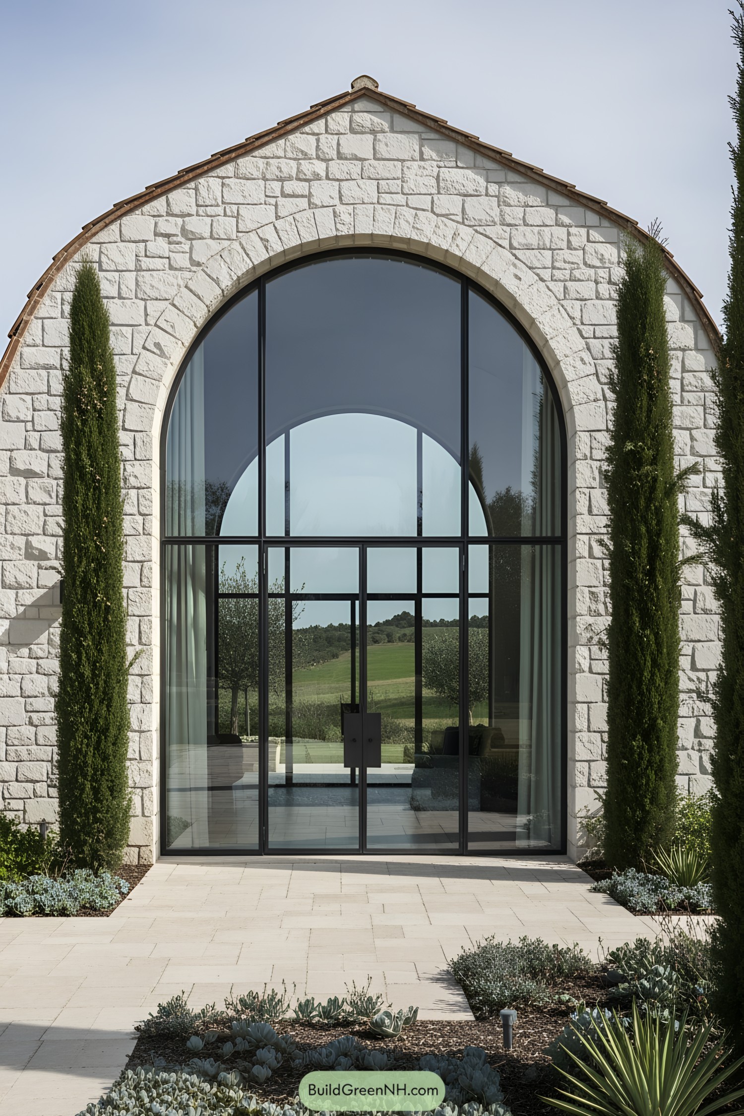Modern Tuscan house with large arched glass entrance