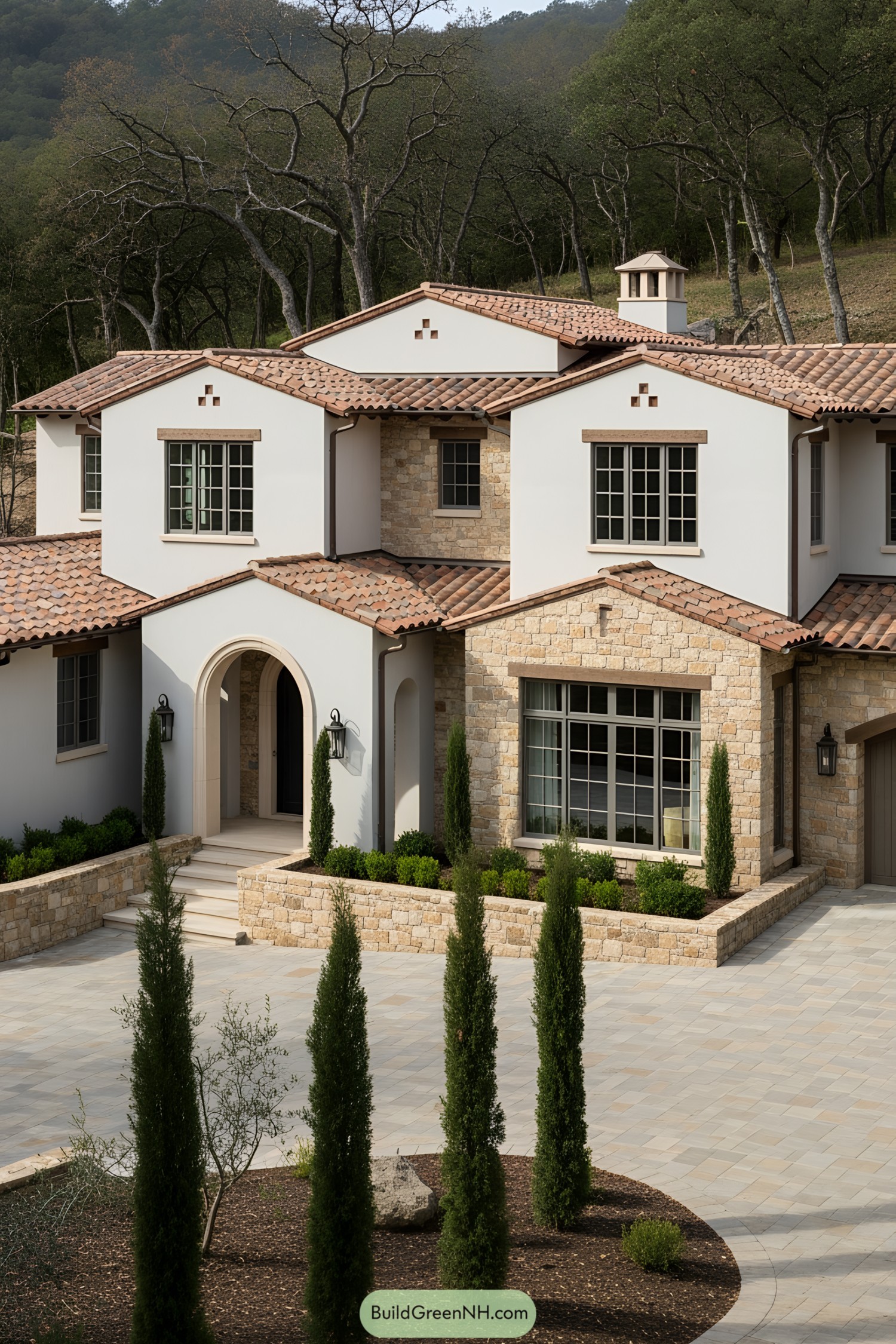 Modern Tuscan-style house with stucco and stone