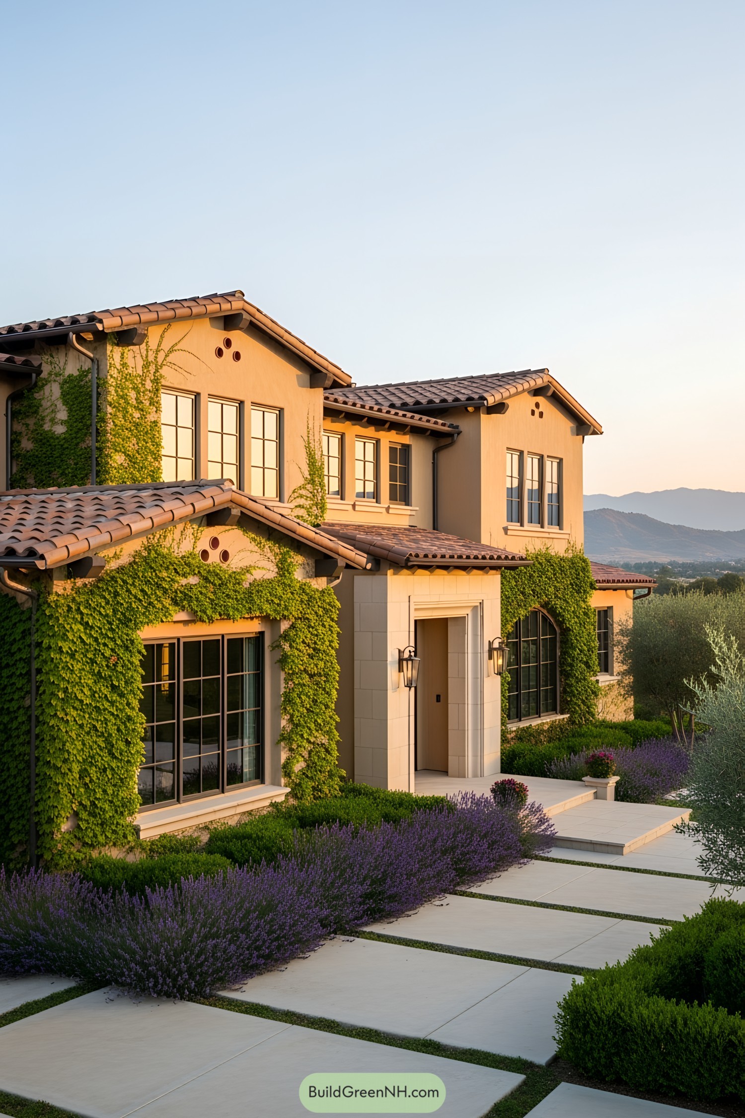 Exterior of a modern Tuscan house with lush greenery