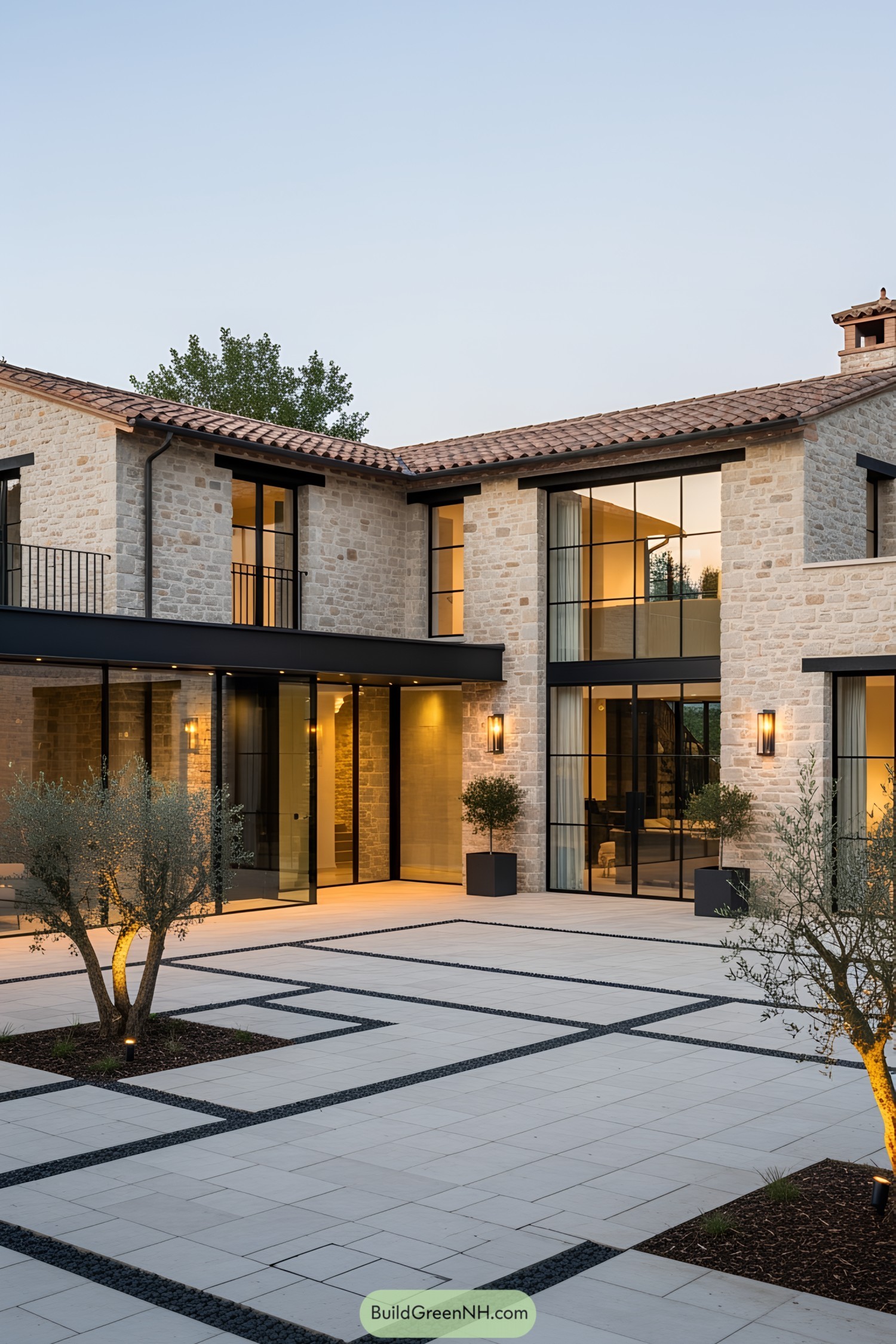 Modern house exterior with stone walls and large windows