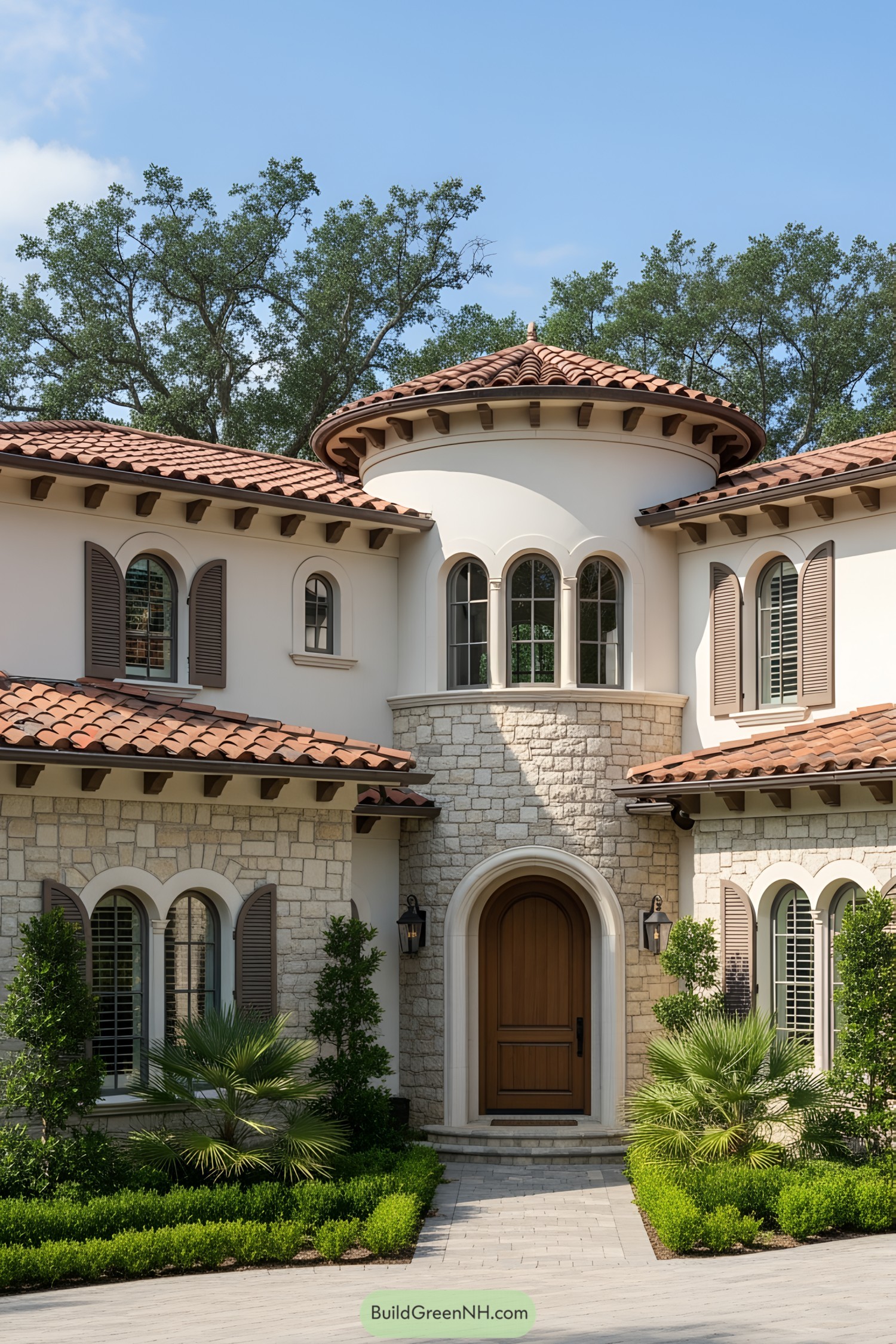 Modern Tuscan house with arched windows and terracotta roof