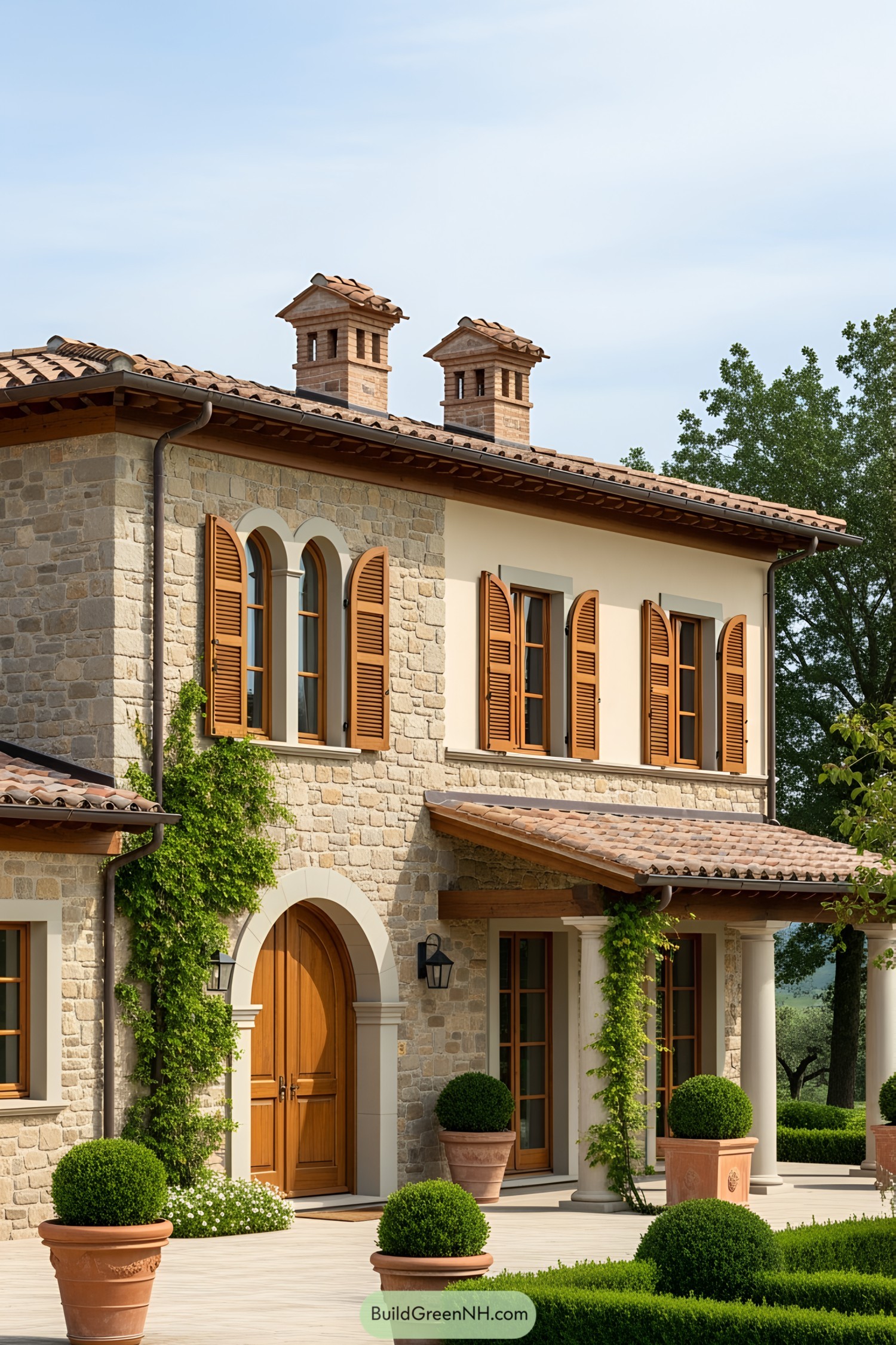 Modern Tuscan house exterior with rustic charm, tall chimneys, and lush greenery