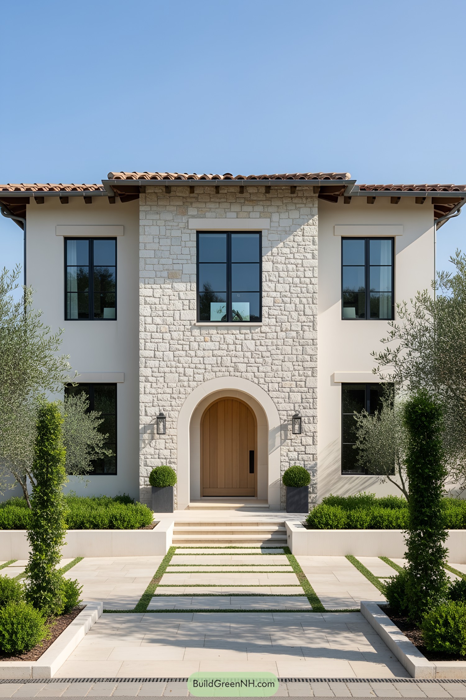 Modern Tuscan house with cream stone facade and elegant garden