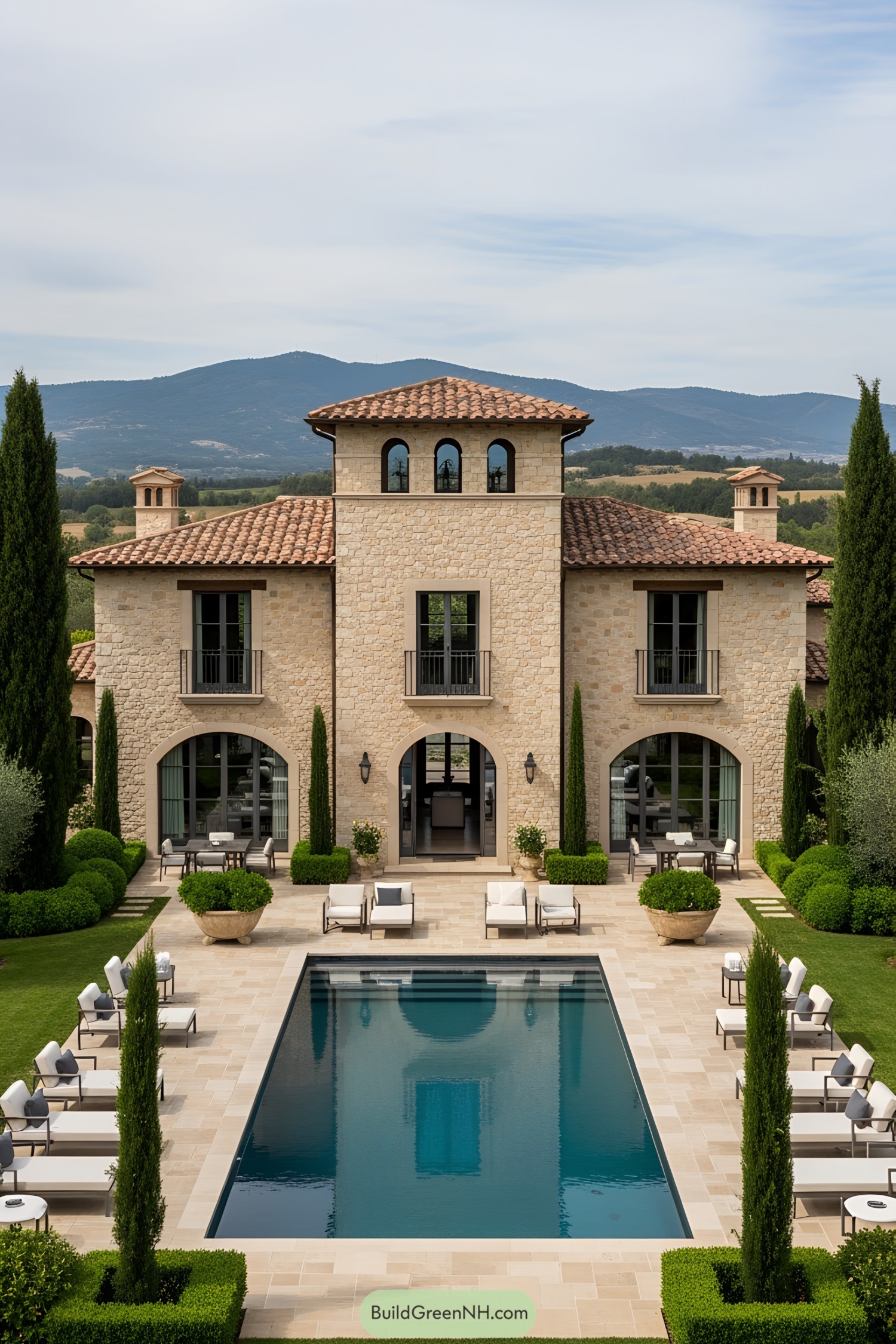 Exterior of a modern Tuscan house with pool