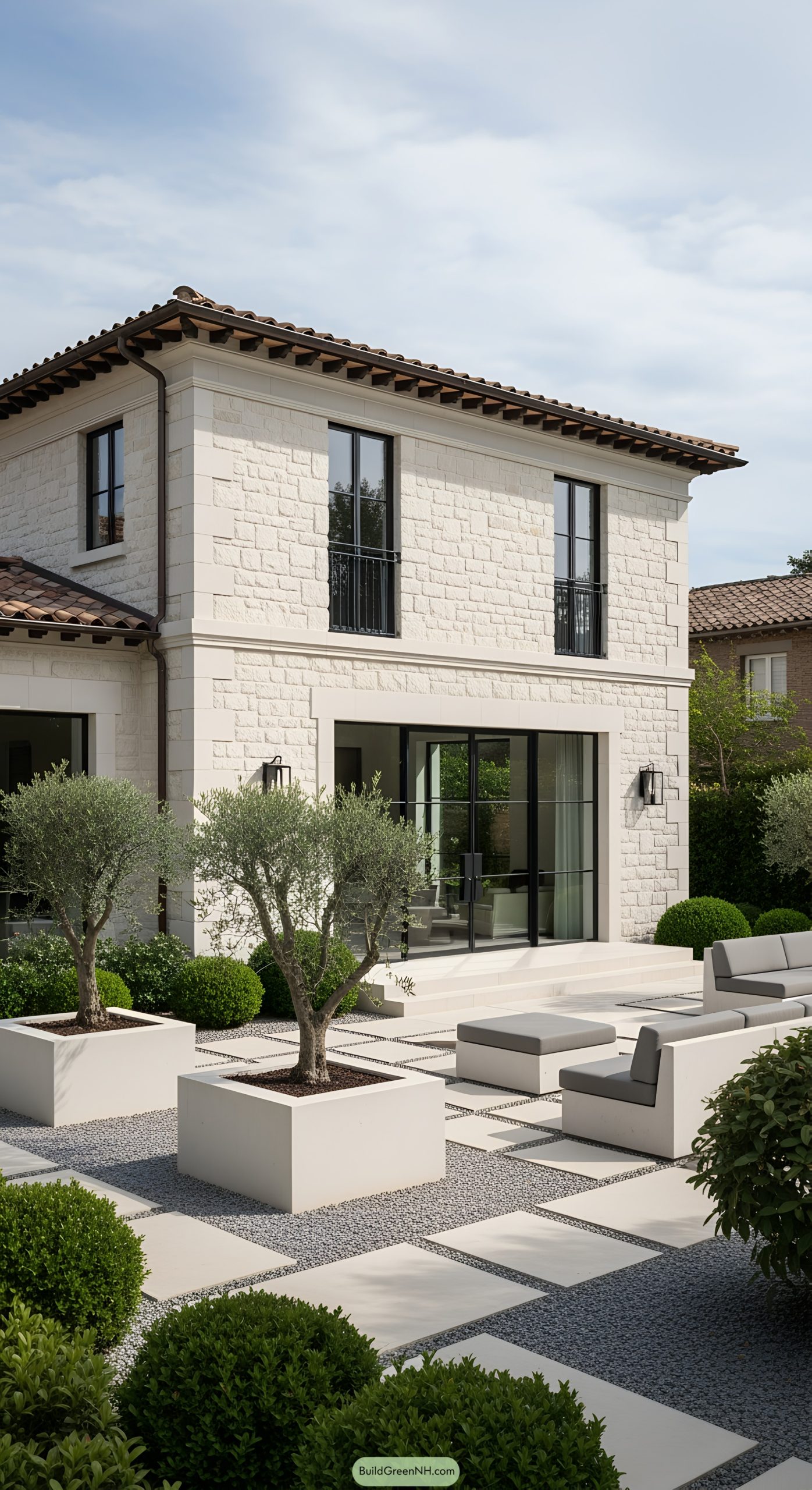 Stone-clad modern Tuscan house exterior with a landscaped patio
