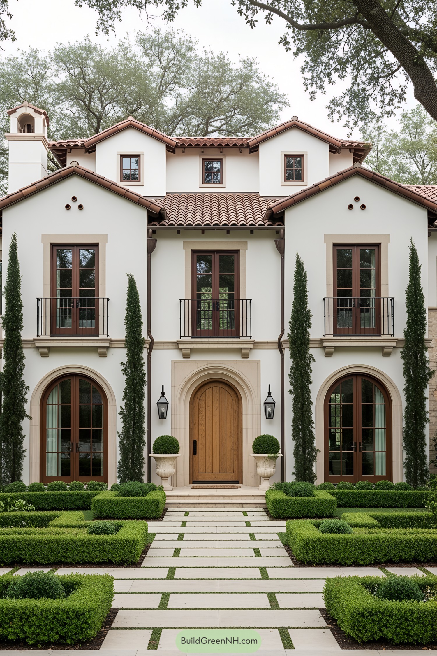 Elegant Tuscan-style home with lush landscaping