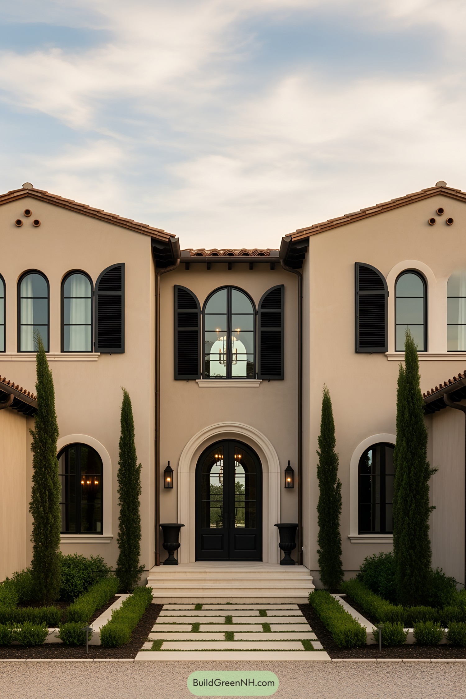 Elegant two-story Tuscan house with arched windows and brick pathway