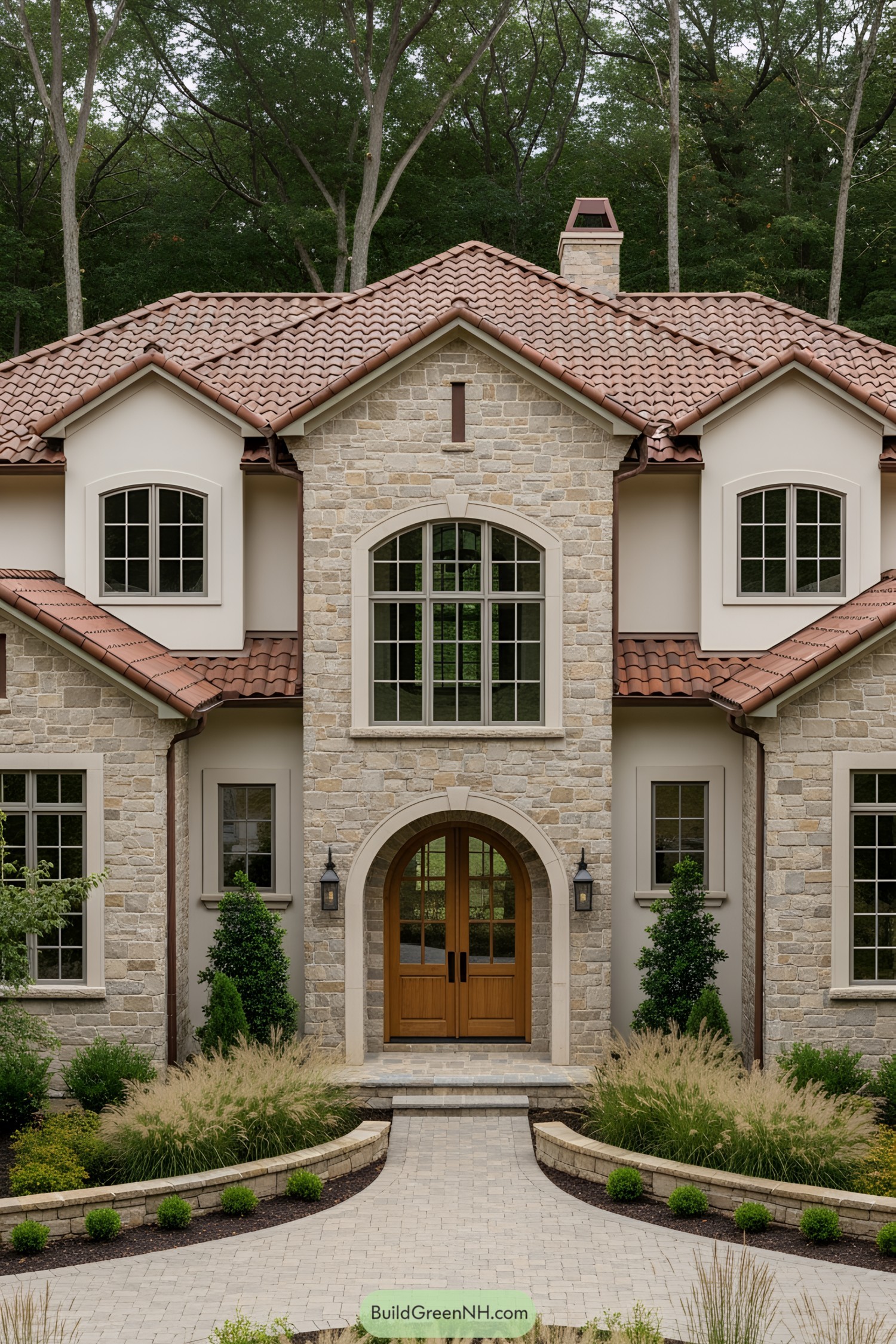 Elegant Tuscan-style house with stone facade and arched entry