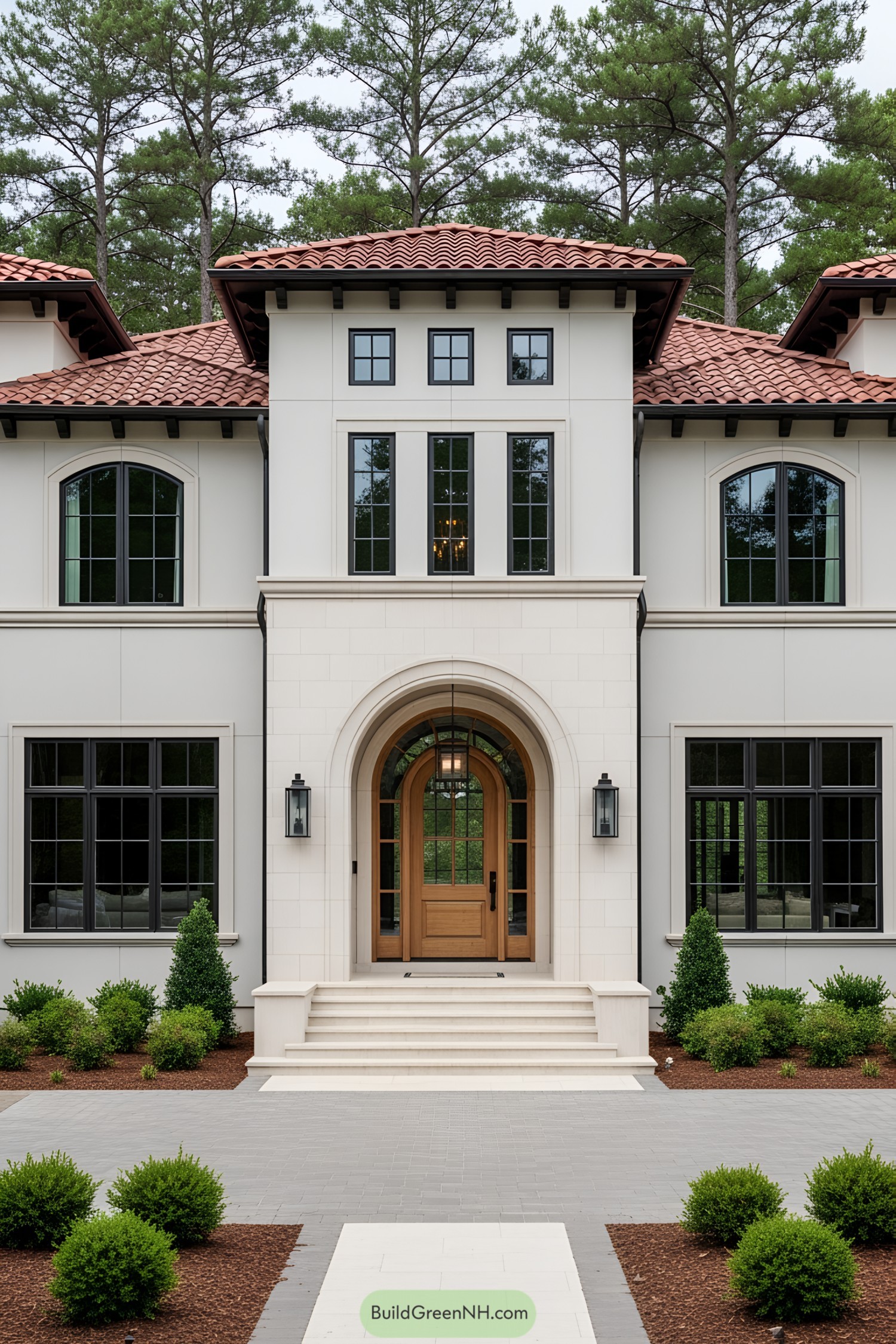 Modern Tuscan house with arched wooden door and tiled roof