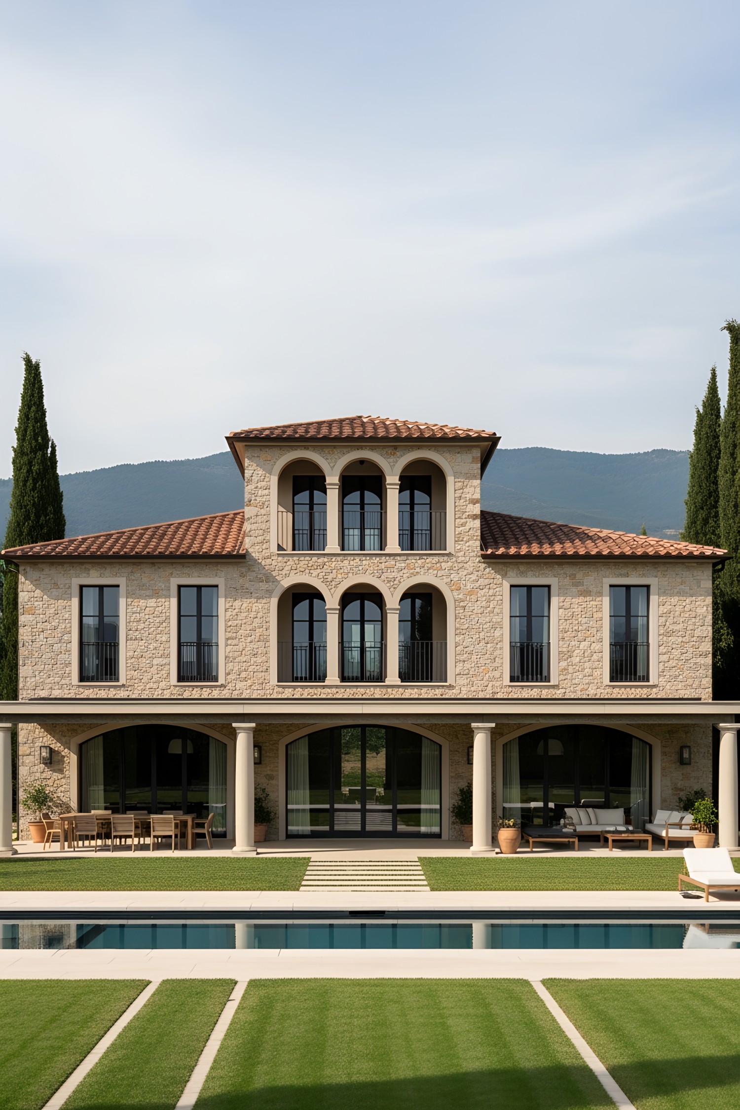Contemporary Tuscan villa with large windows and a pool
