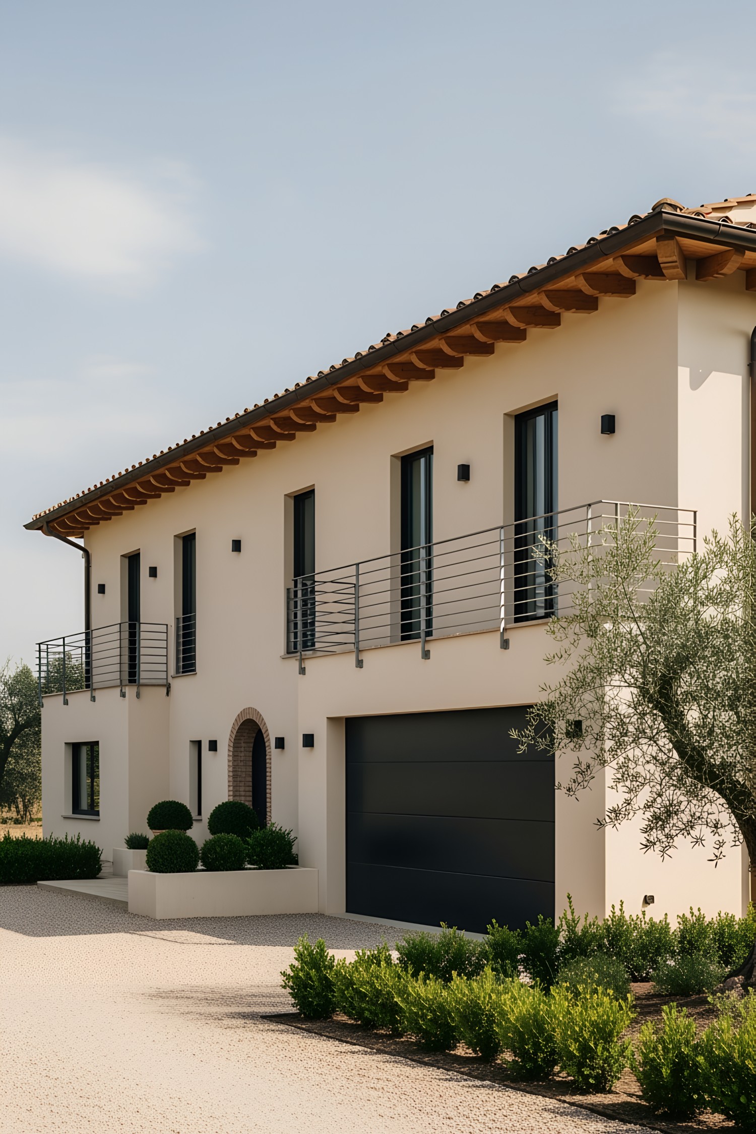 Contemporary Tuscan villa exterior with olive tree