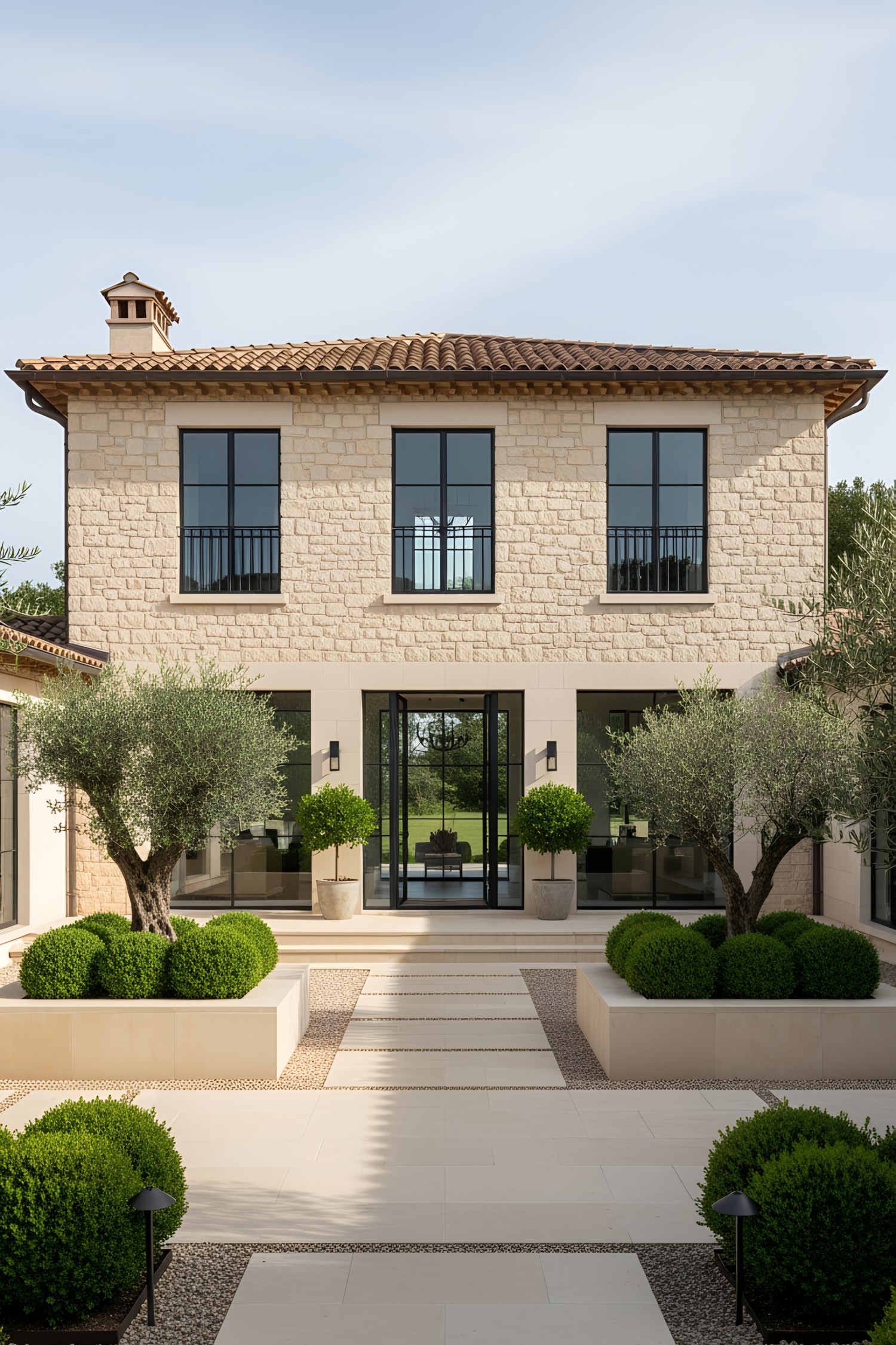 Modern Tuscan villa with stone facade and lush greenery